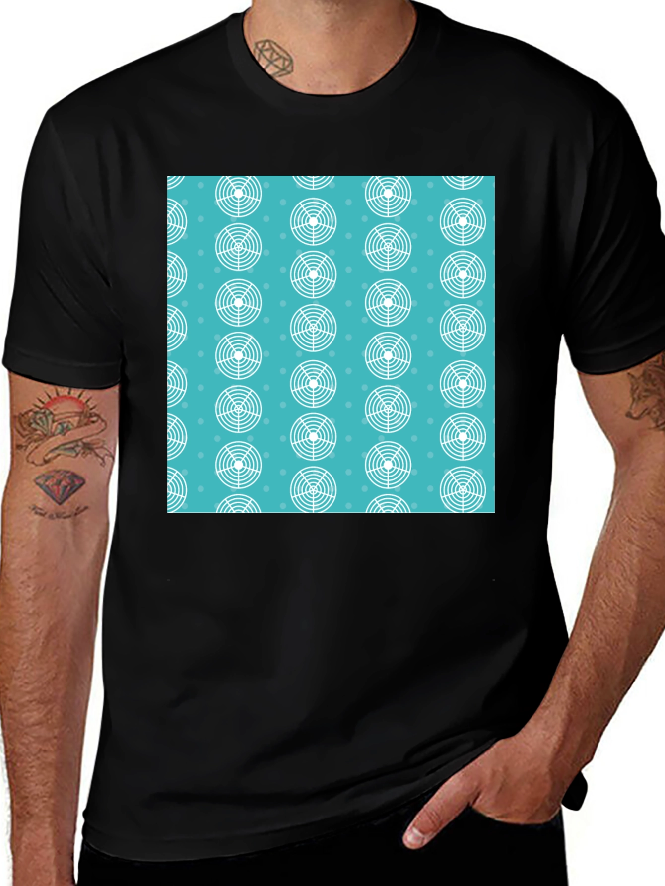 Graphic Tee - Aqua Target Pattern - Black Casual T-Shirt