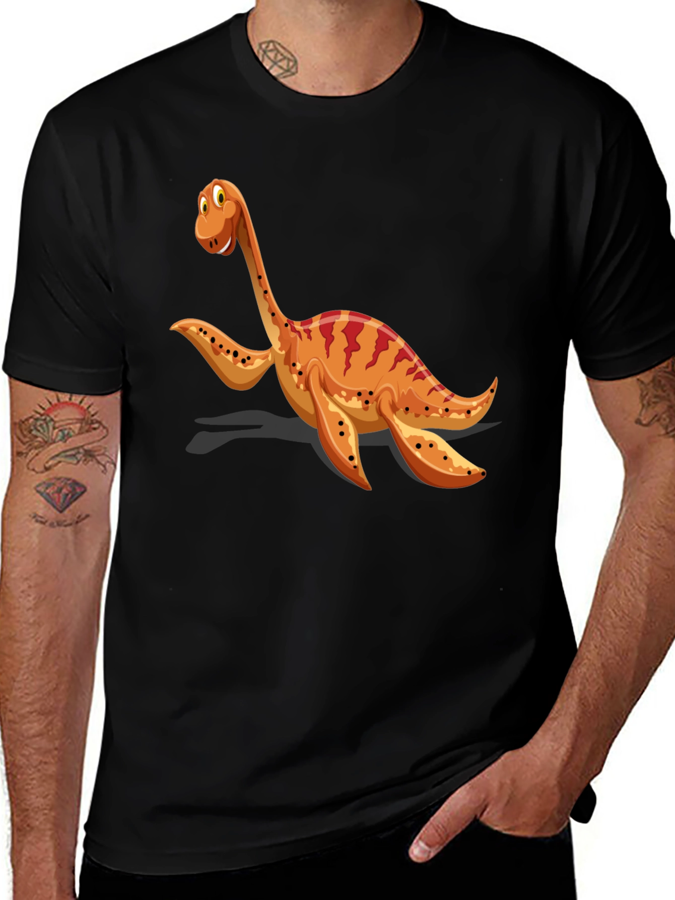 Variant 29 of Cartoon Dinosaur Graphic Tee - Black Cotton T-Shirt