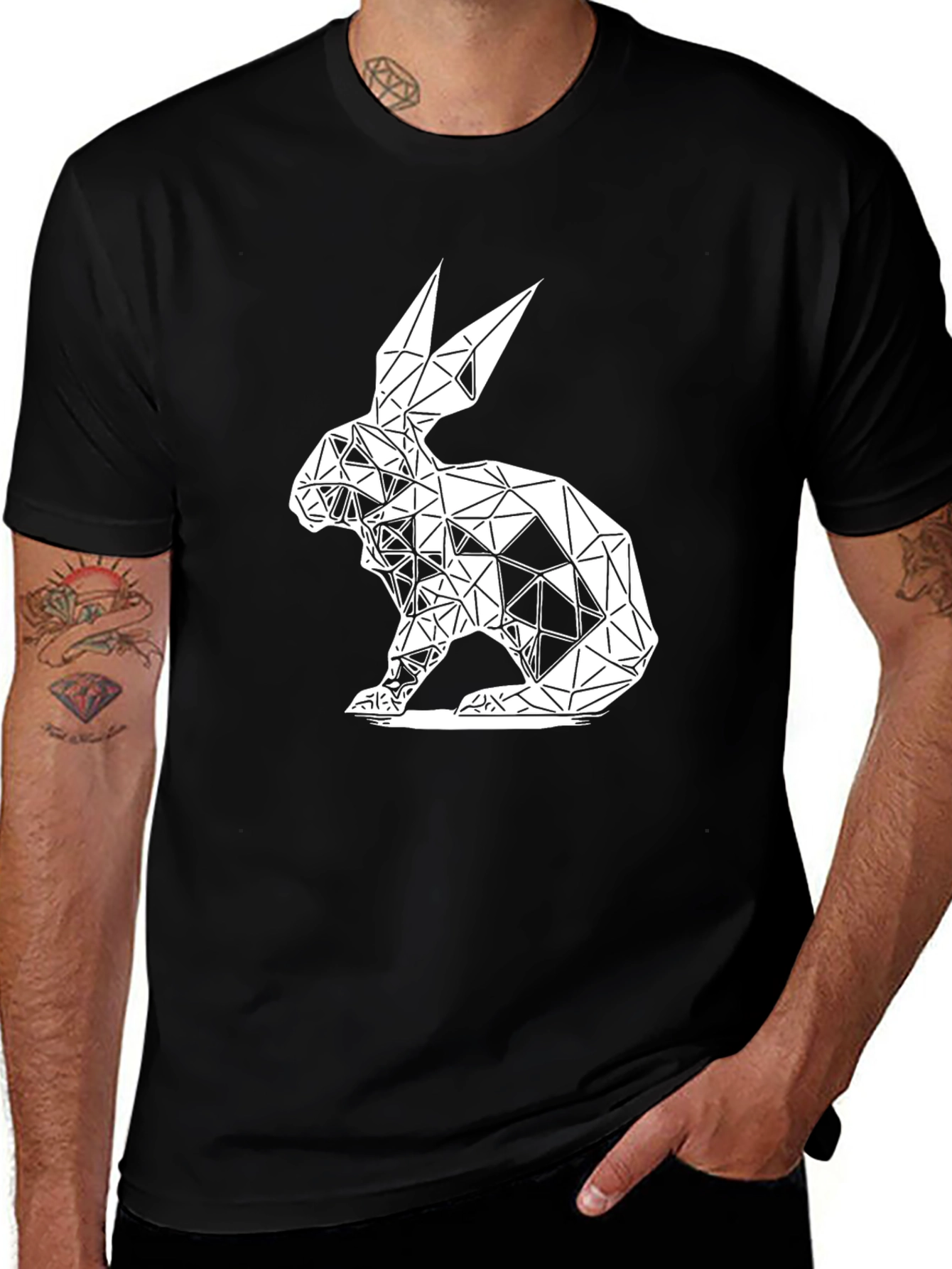 Variant 30 of Geometric Rabbit Graphic Tee - Black Cotton Blend
