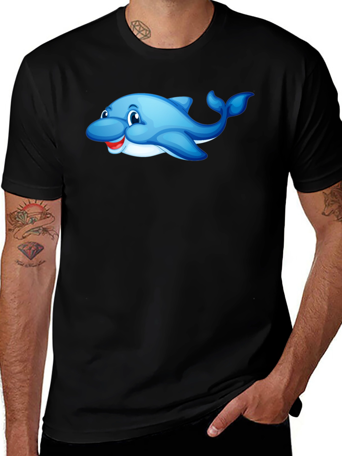 Cheerful Dolphin Graphic Tee - Black Cotton Comfort