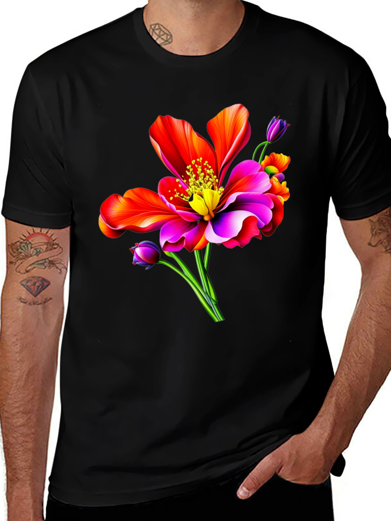 Variant 26 of Vibrant Floral Print Black T-Shirt