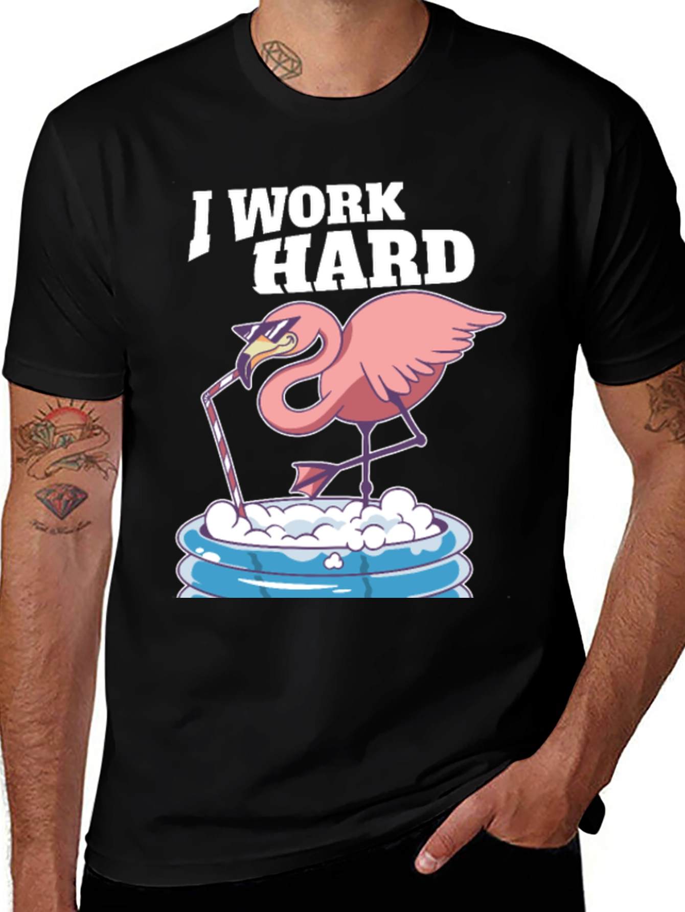 Black I Work Hard Flamingo T-Shirt - Relaxed Poolside Style main image