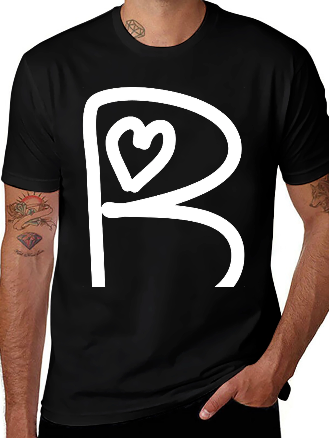 Stylish Black Tee with White Heart 'R' Design