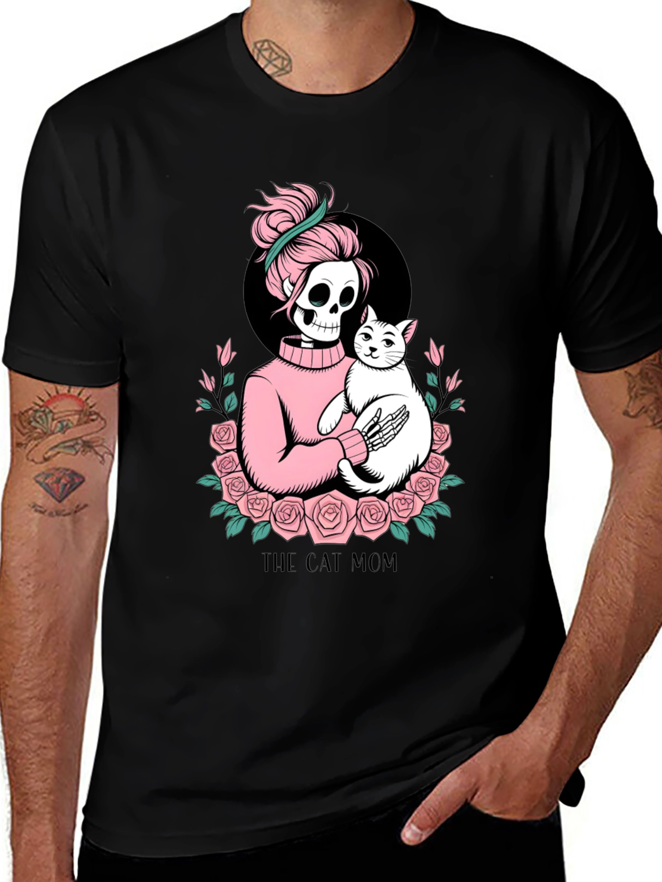 Black Skeleton Cat Mom Graphic Tee - Black main image