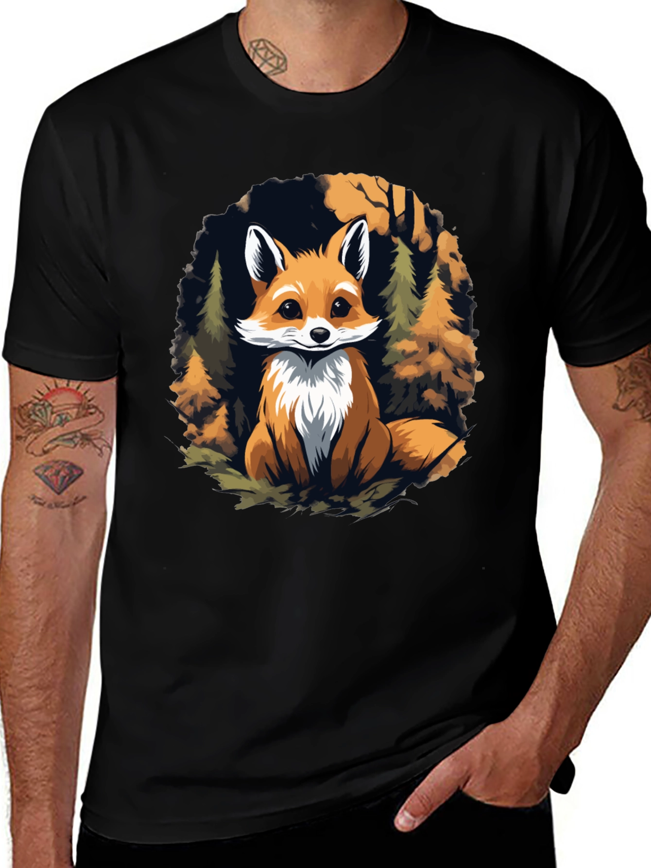 Variant 29 of Fox in Forest Graphic Print Black T-Shirt