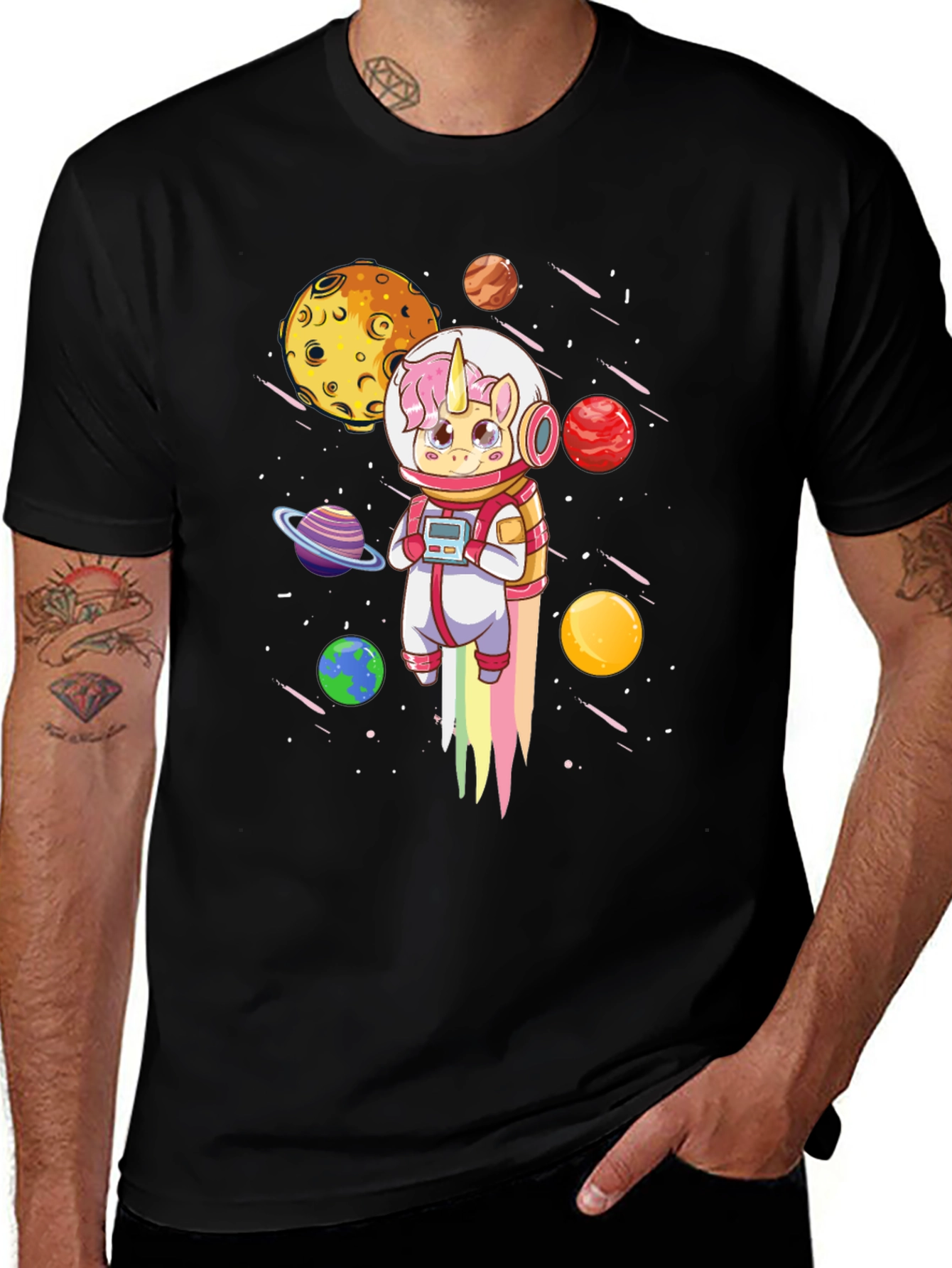 Variant 25 of Unicorn Astronaut T-Shirt - Black Cotton Space Tee