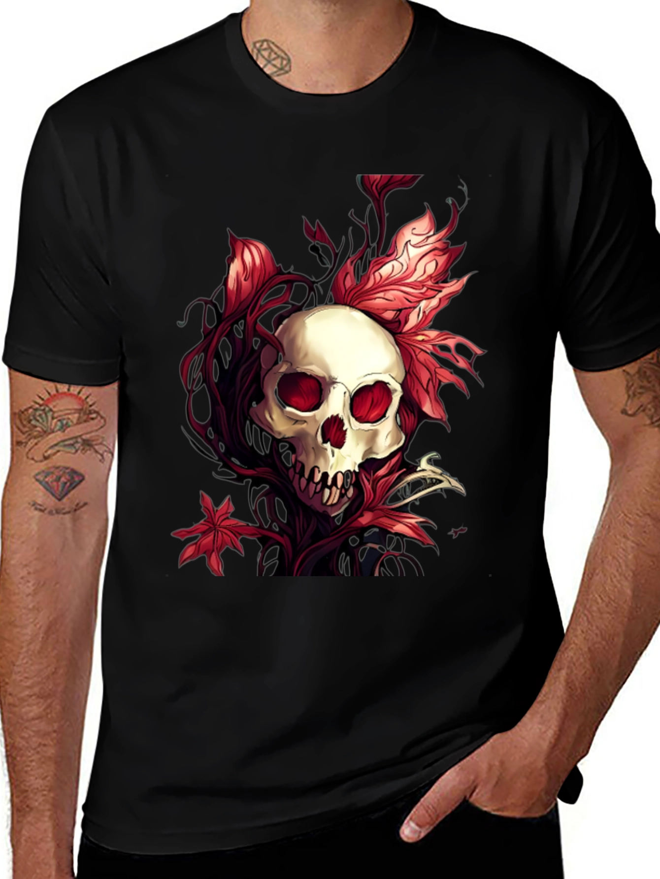 Variant 24 of Skull & Floral Graphic Tee - Gothic Style