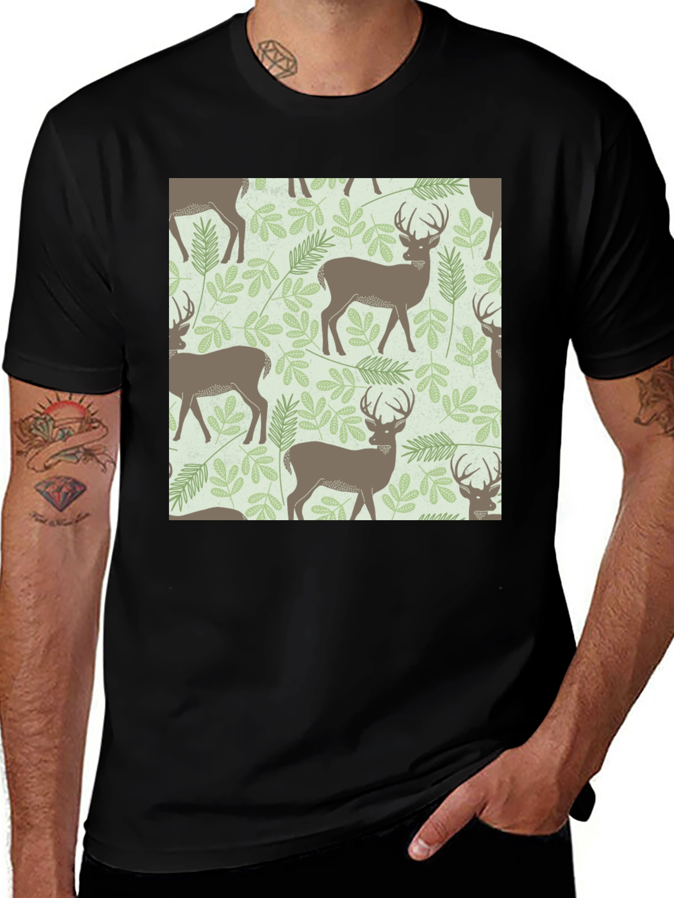 Variant 22 of Deer & Foliage Print Black T-Shirt