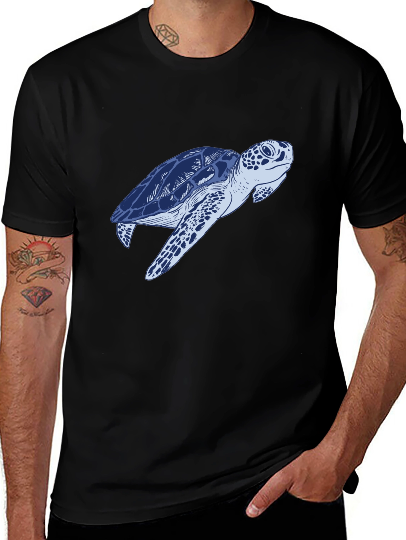 Variant 15 of Blue Sea Turtle Graphic Print Black T-Shirt