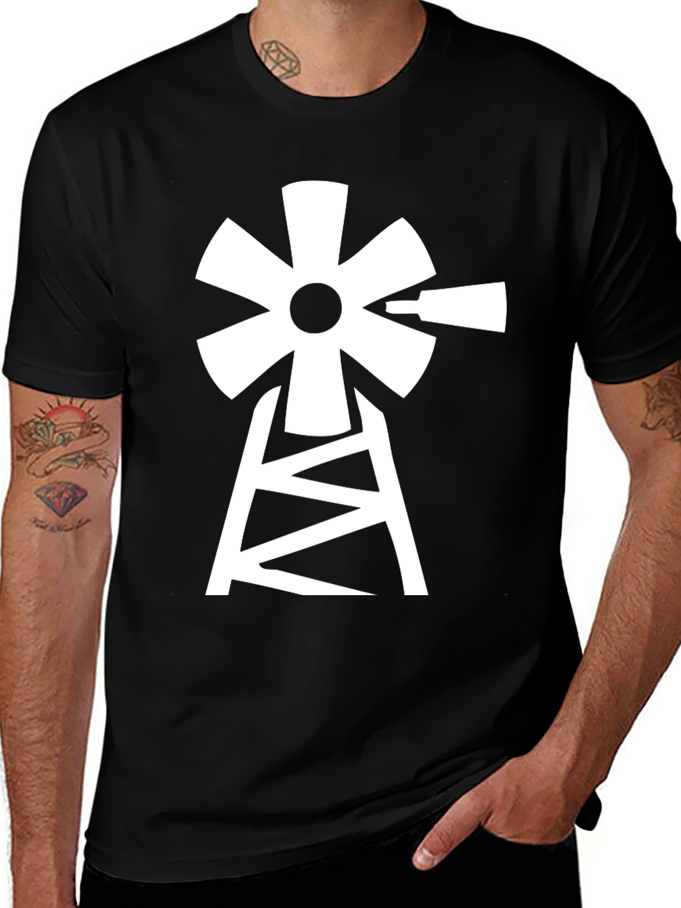 Variant 12 of Windmill Graphic Tee - Black Cotton Blend T-Shirt