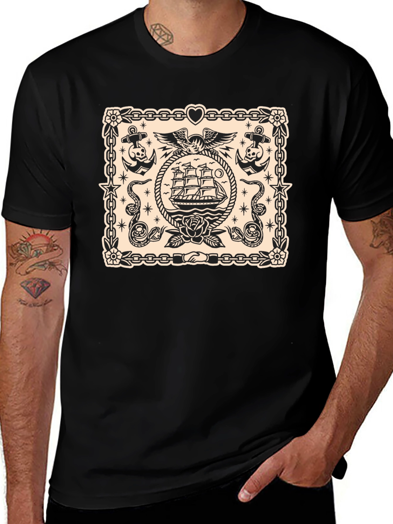 Variant 21 of Nautical Tattoo Style Graphic Print Crew Neck T-Shirt