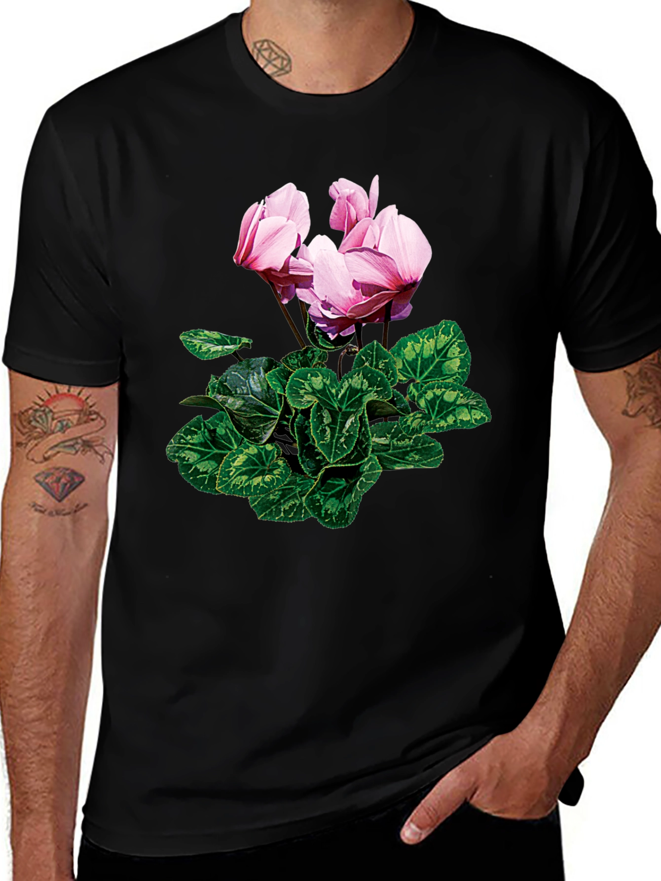 Pink Floral Print Black T-Shirt