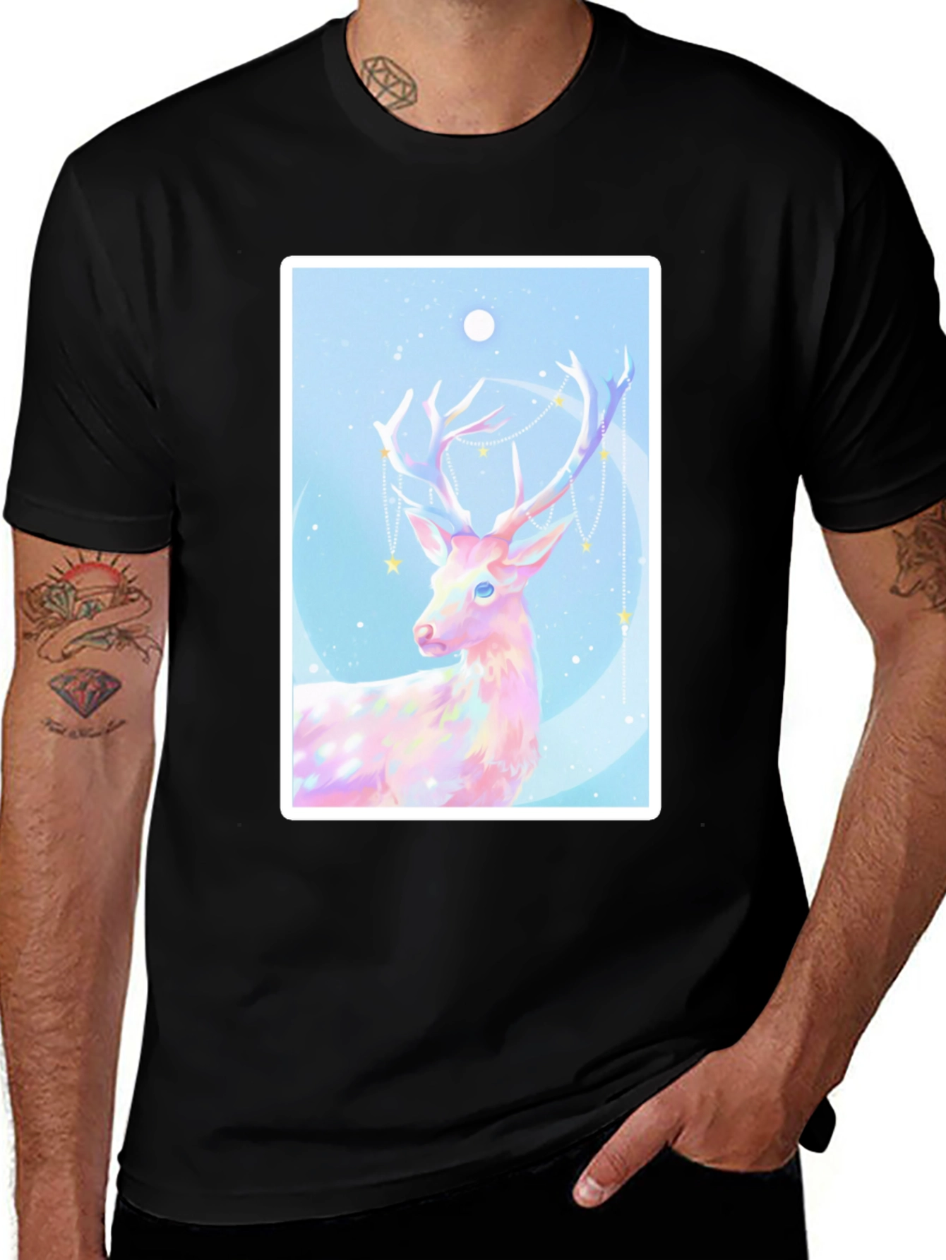 Black Mystical Deer Graphic Tee - Black Cotton Blend main image
