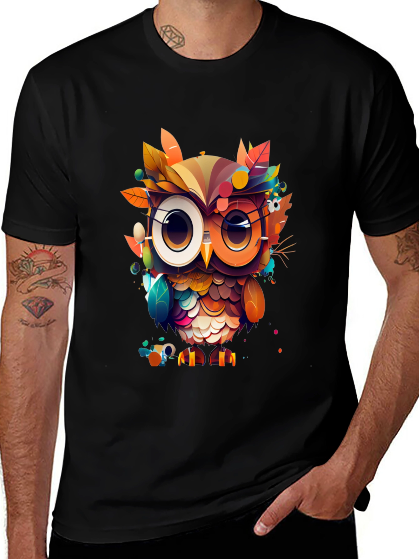 Variant 23 of Colorful Owl Graphic Tee - Men's Black T-Shirt