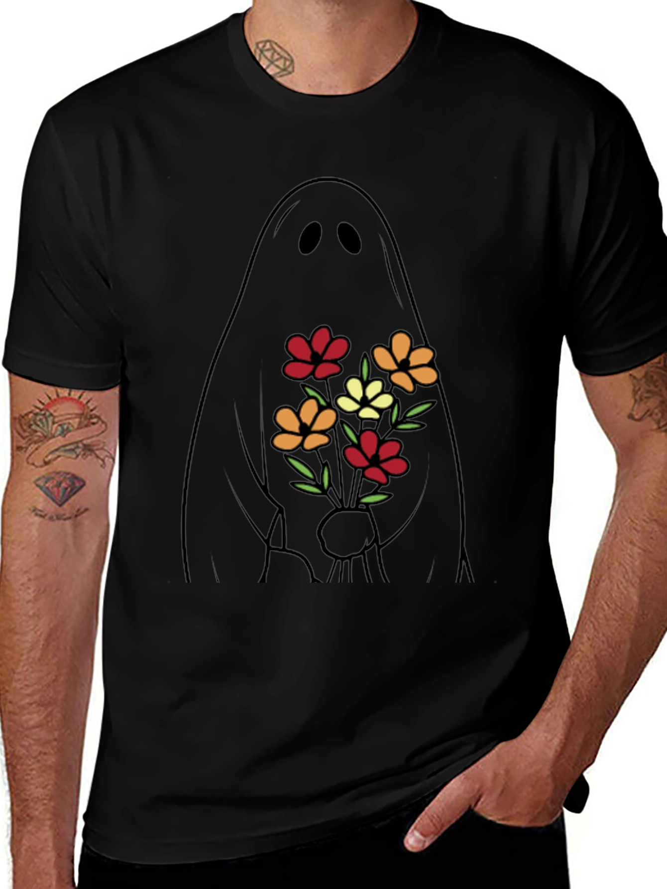Variant 14 of Ghost with Flowers Graphic Tee - Black
