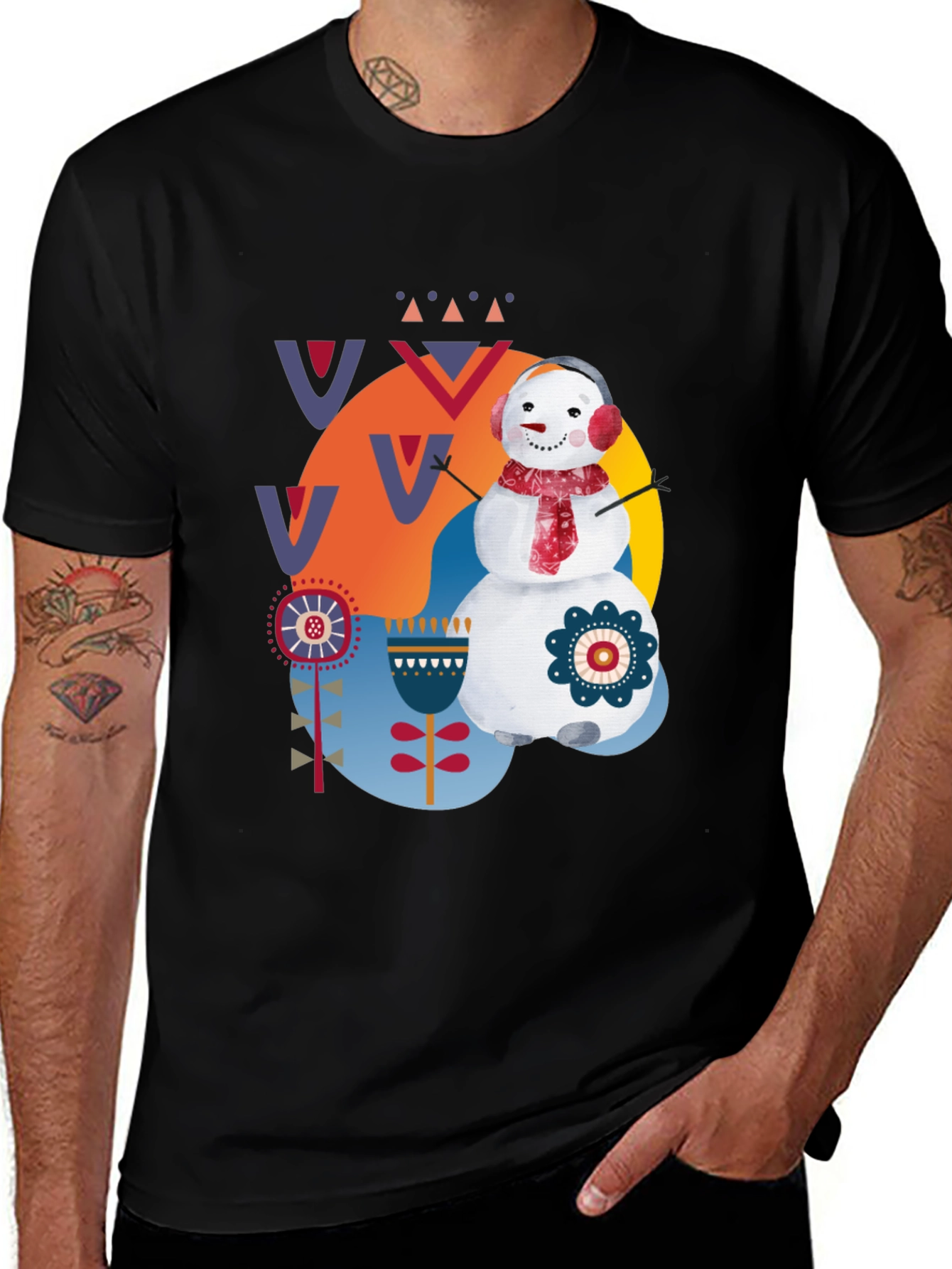 Whimsical Snowman Graphic Tee - Black Cotton Blend