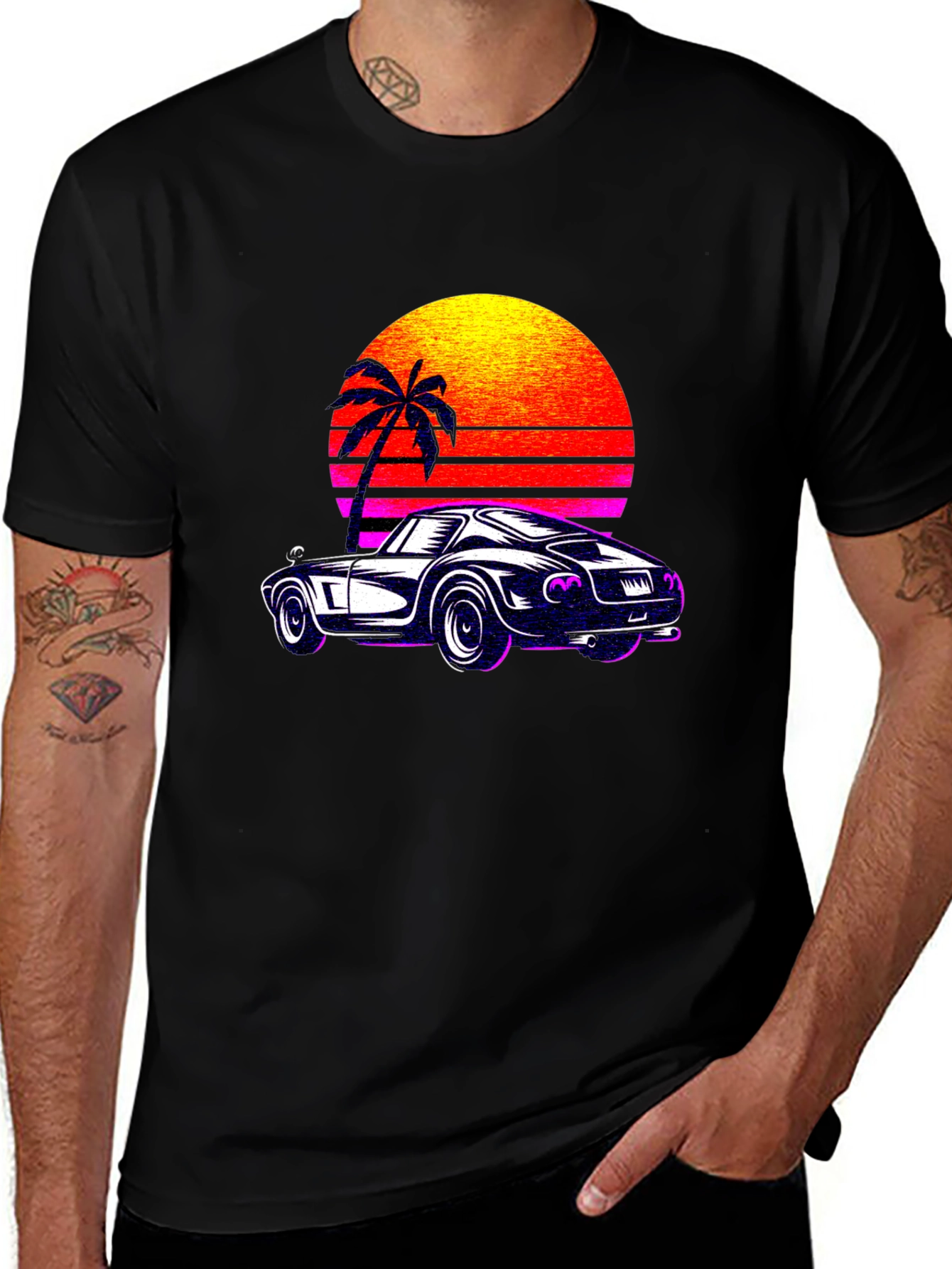 Variant 25 of Retro Car & Sunset Black T-Shirt