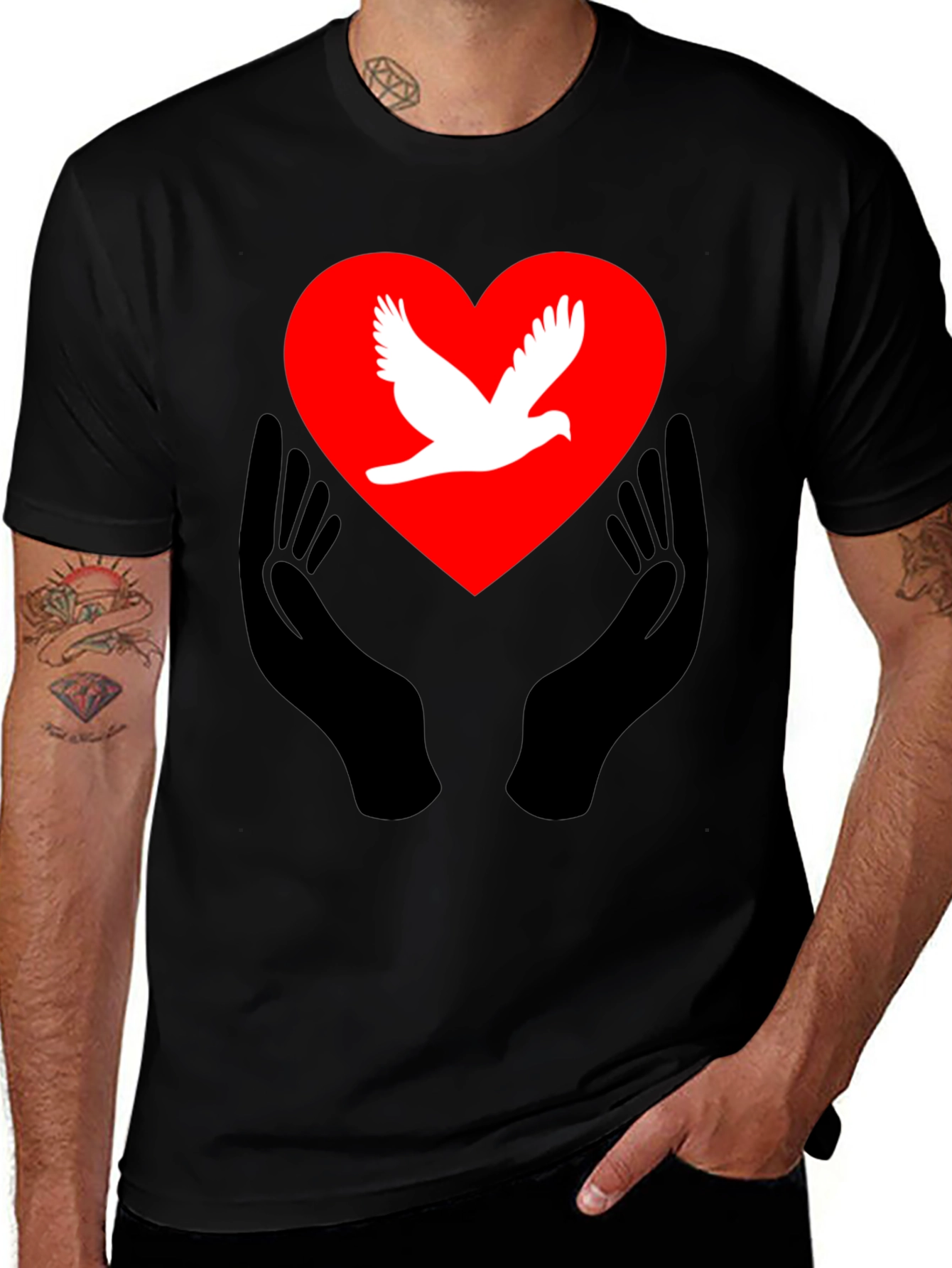 Variant 7 of Peace Dove Heart Graphic Tee - Black Unisex T-Shirt