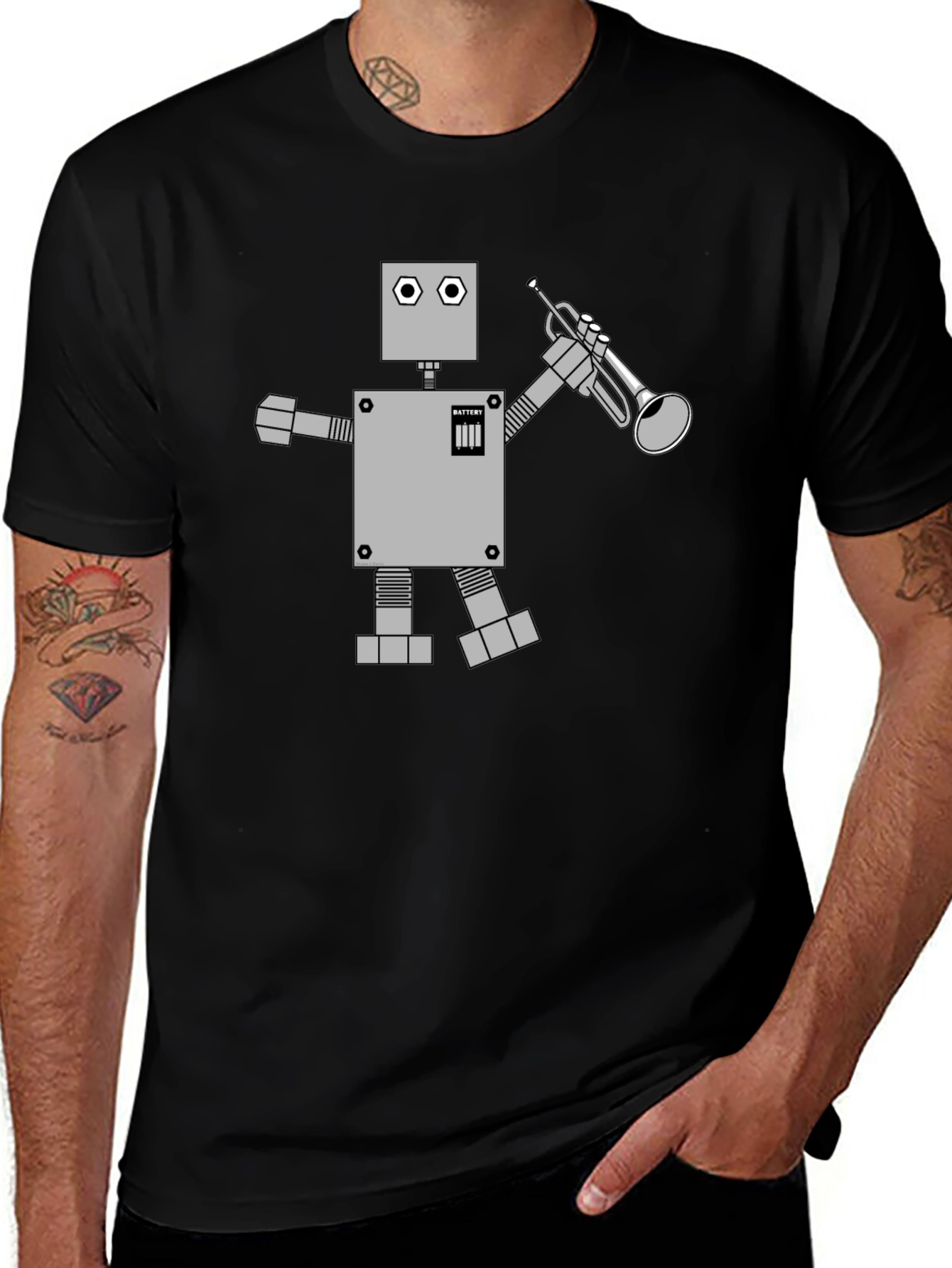 Variant 4 of Robot Musician Graphic Tee - Black Cotton T-Shirt