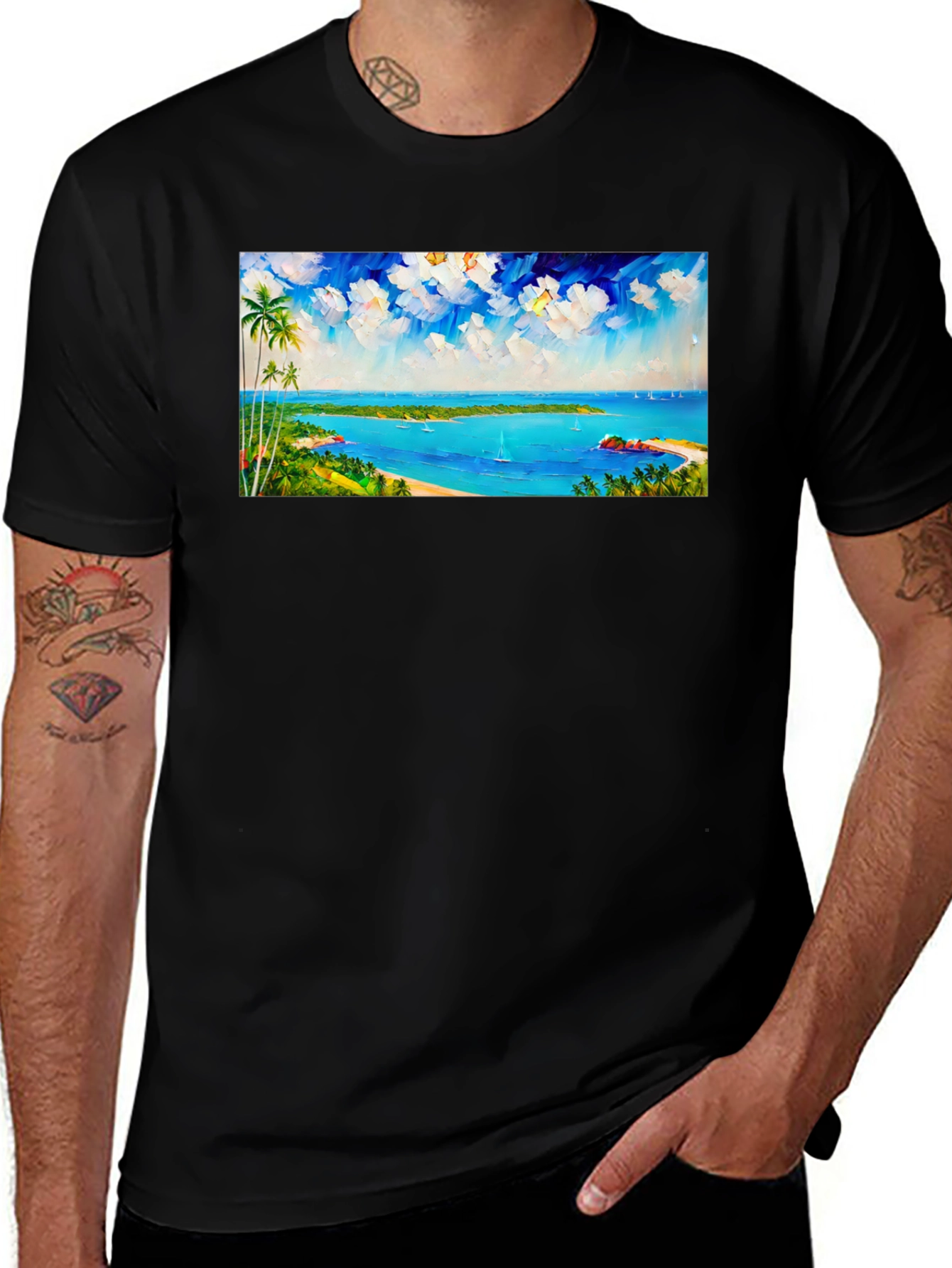 Variant 22 of Tropical Island Scene Black T-Shirt