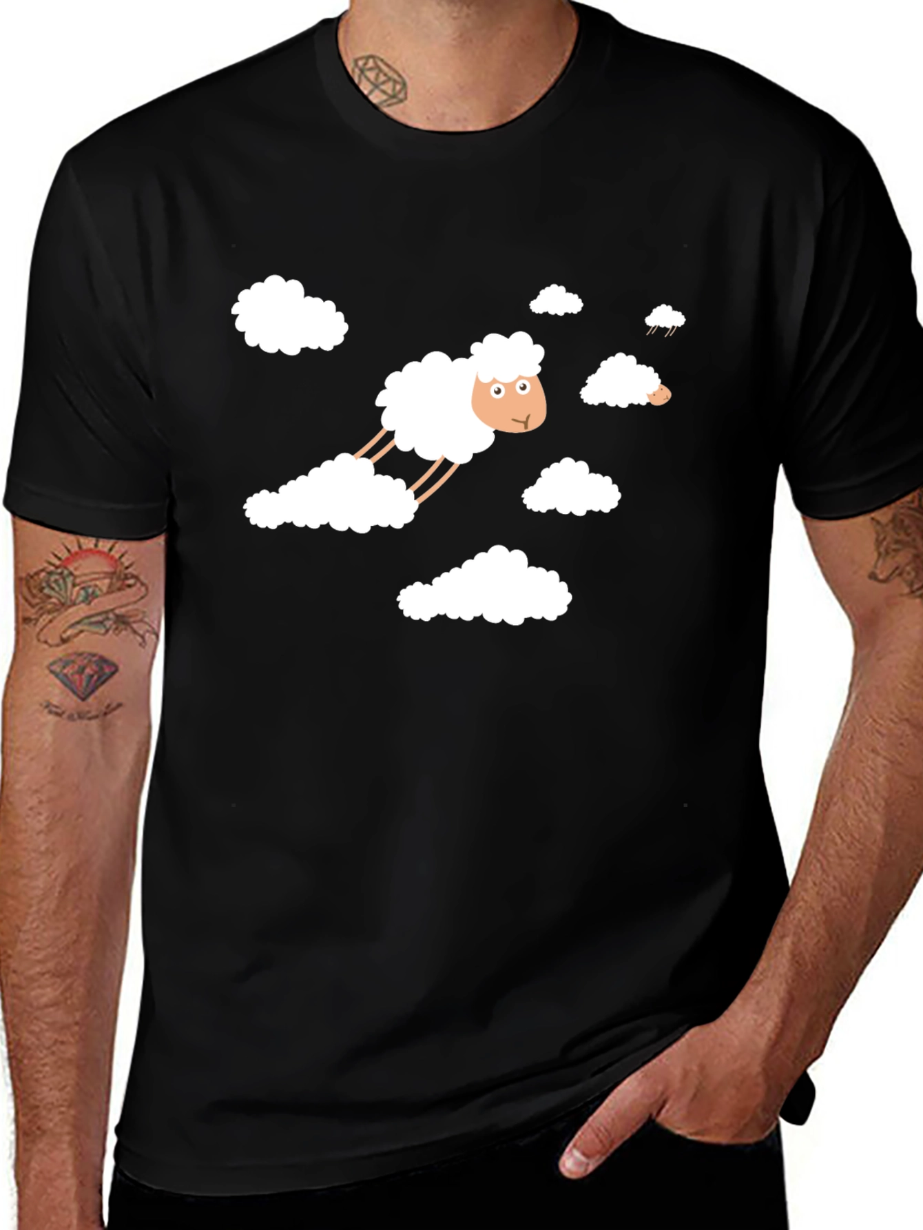 Variant 3 of Funny Flying Sheep Cloud T-Shirt - Black Cotton Tee