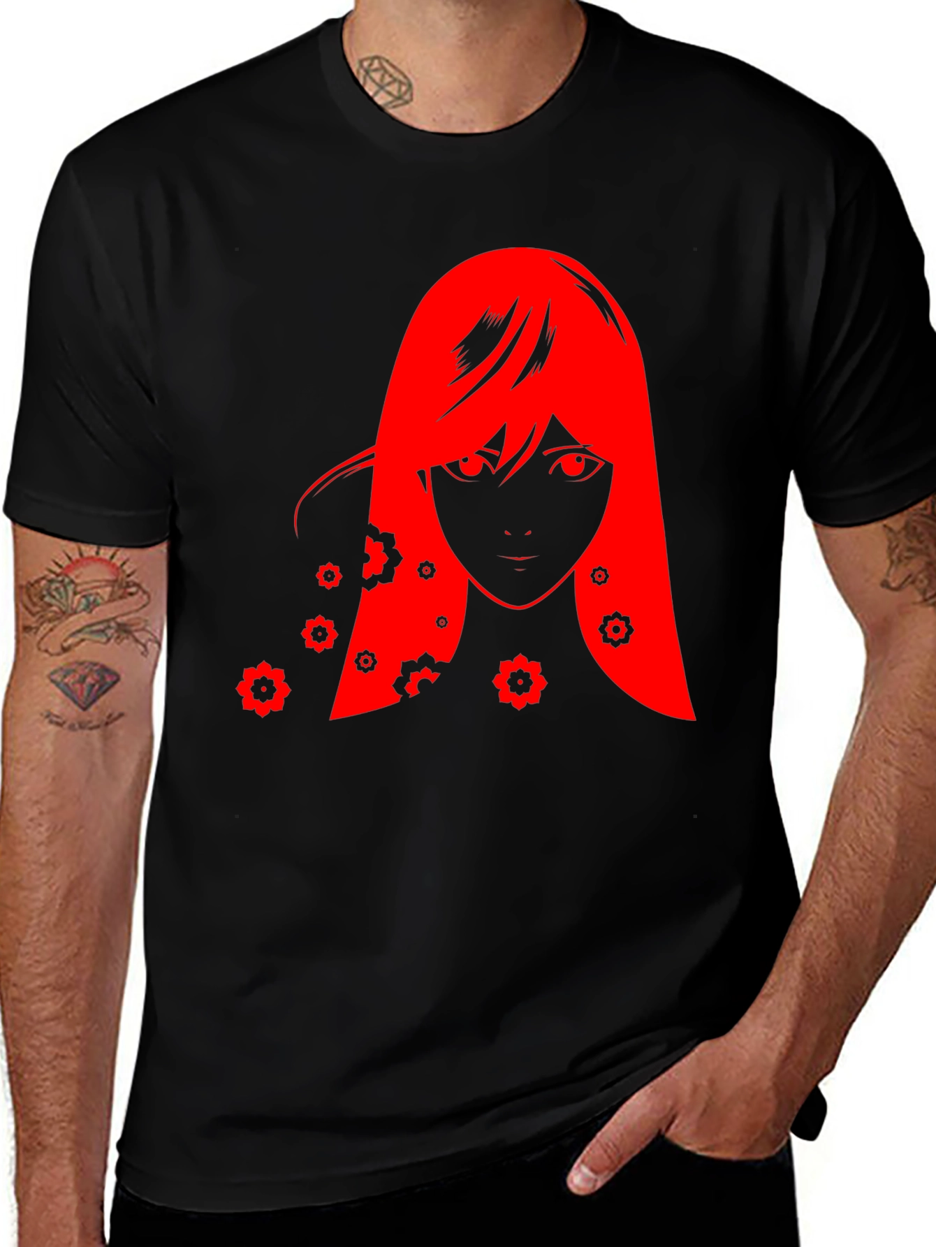 Variant 2 of Red Anime Girl Graphic Black T-Shirt