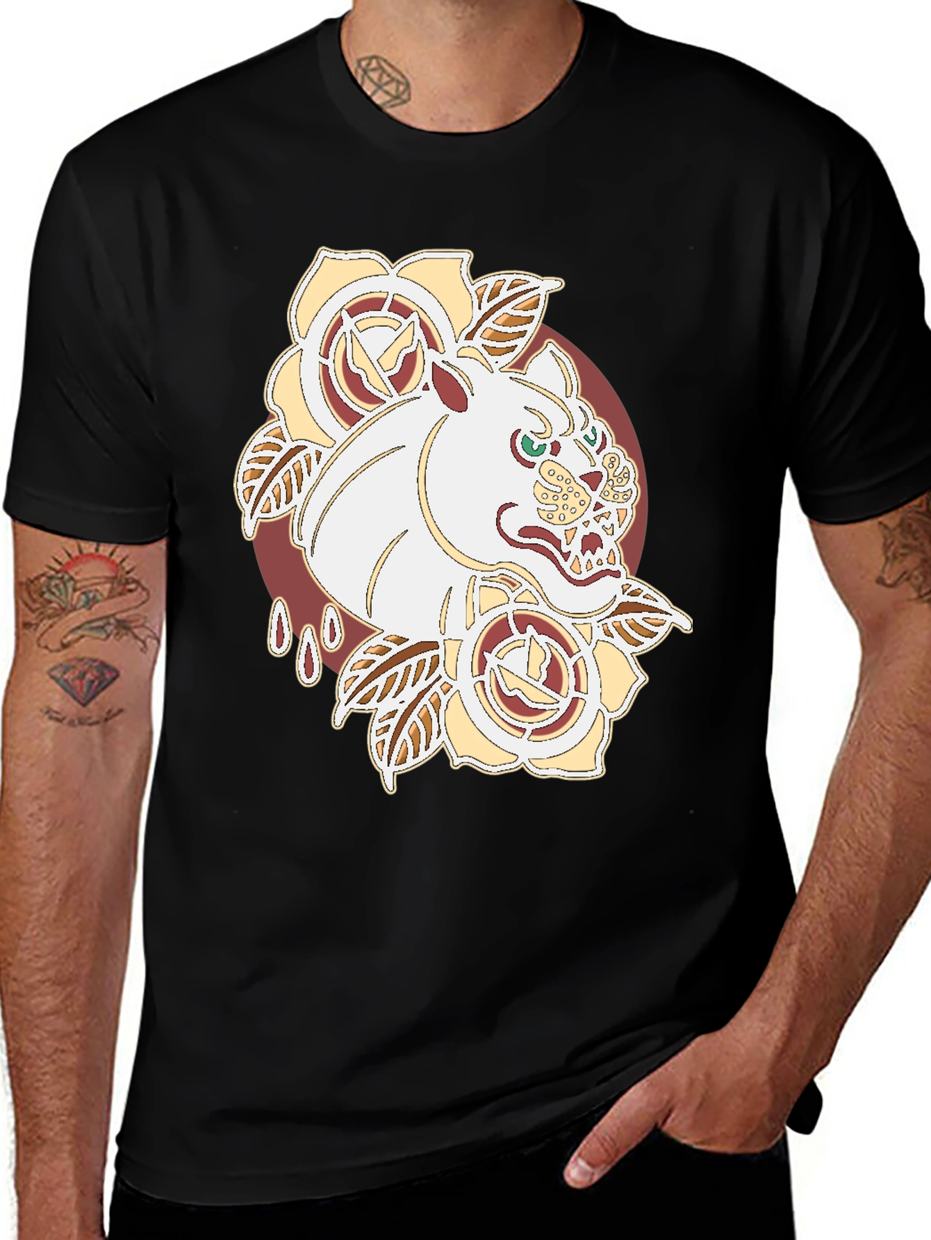 Variant 15 of Tattoo Art Tee: Fierce Feline Floral Graphic T-Shirt
