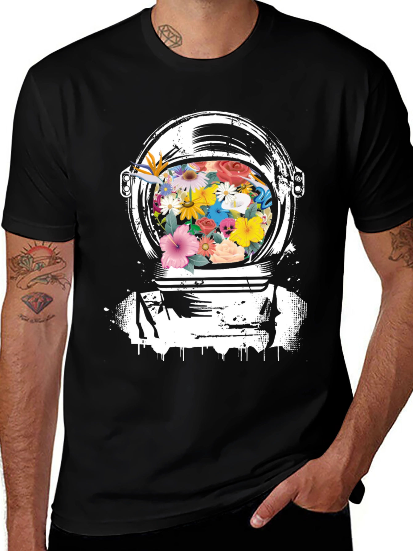 Black Floral Astronaut Helmet Graphic Tee - Black main image