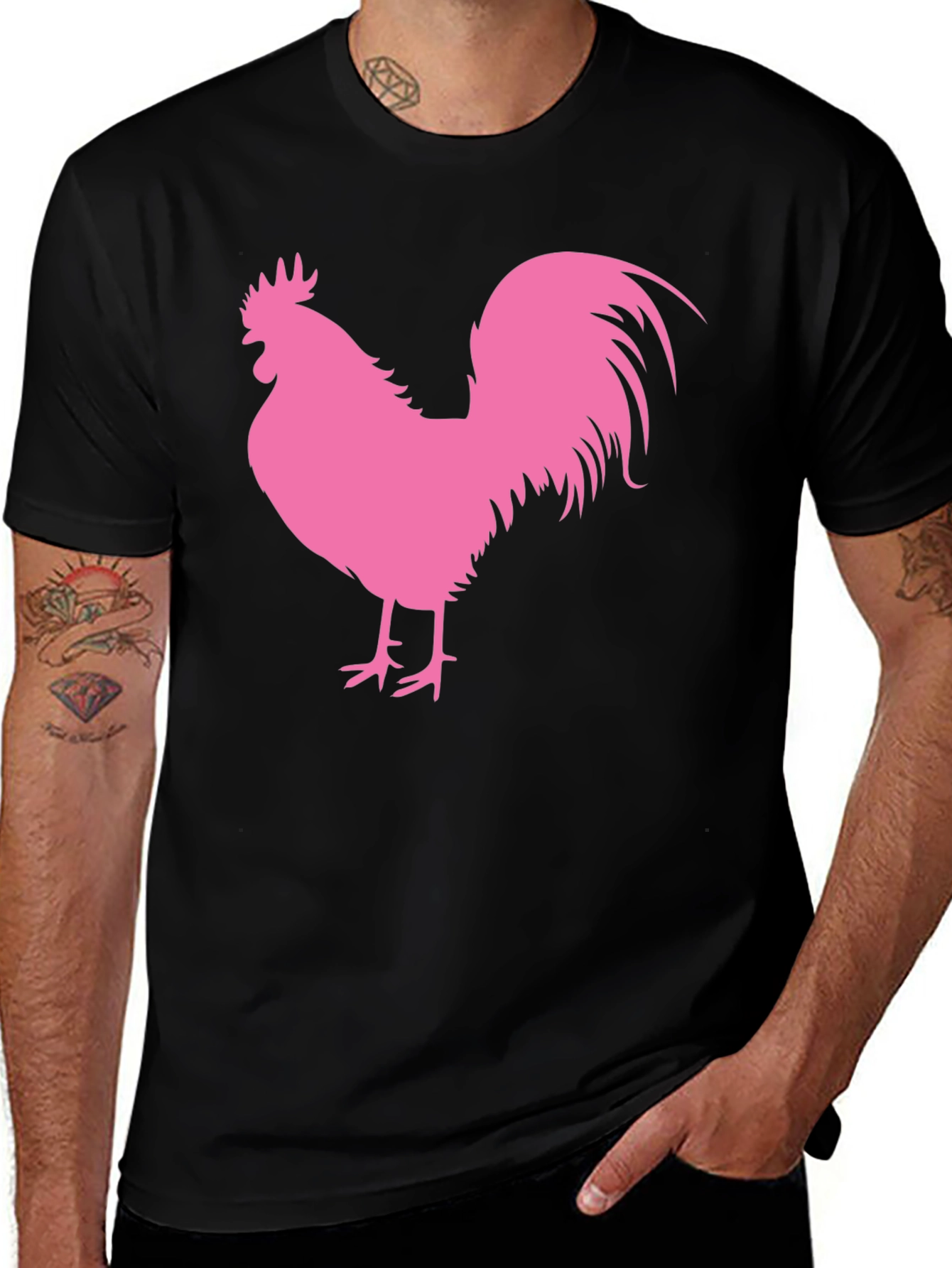 Black T-Shirt with Pink Rooster Graphic