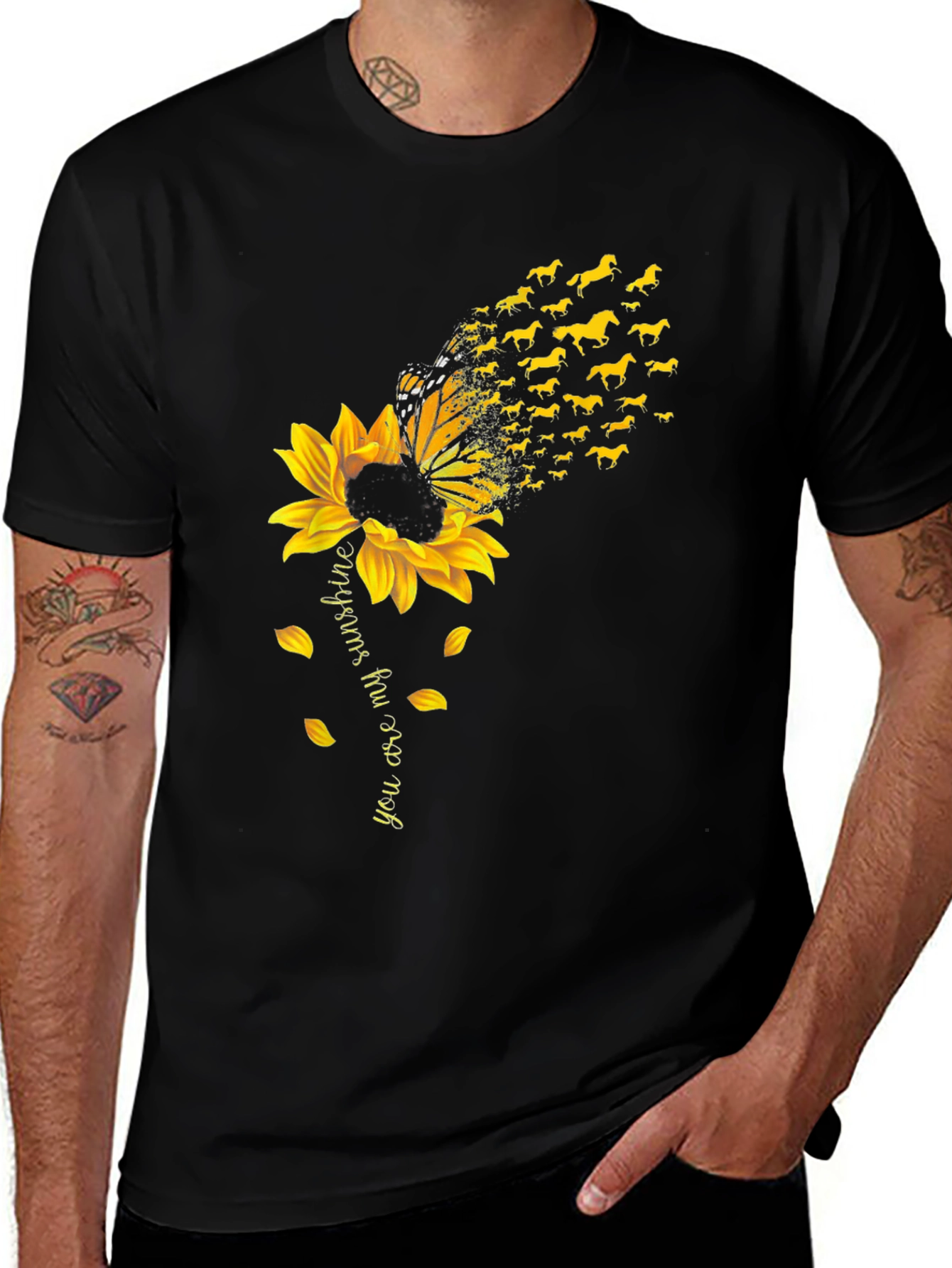 Sunflower Butterfly Horses Black T-Shirt