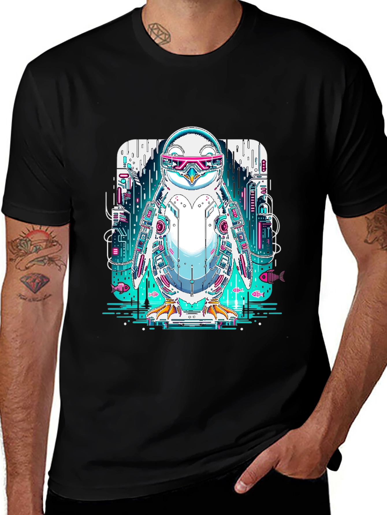 Variant 8 of Cyber Penguin Graphic T-Shirt - Futuristic Style