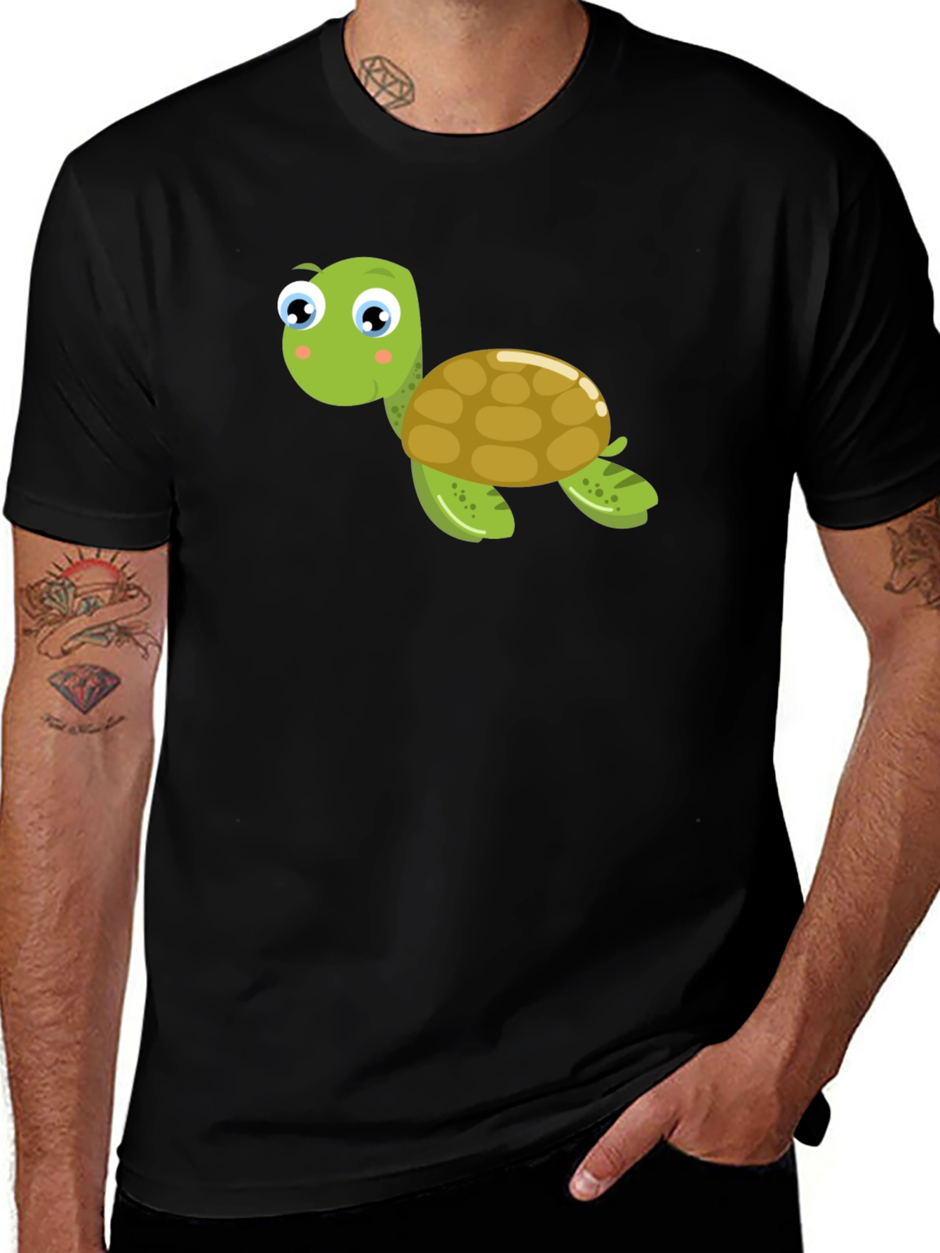 Variant 30 of Cute Turtle Graphic Tee - Black Cotton T-Shirt