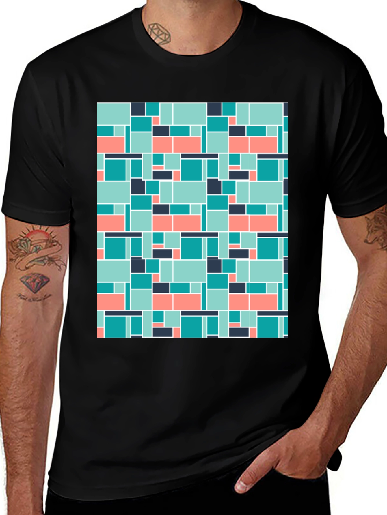 Variant 17 of Geometric Block Pattern Men's Black Tee