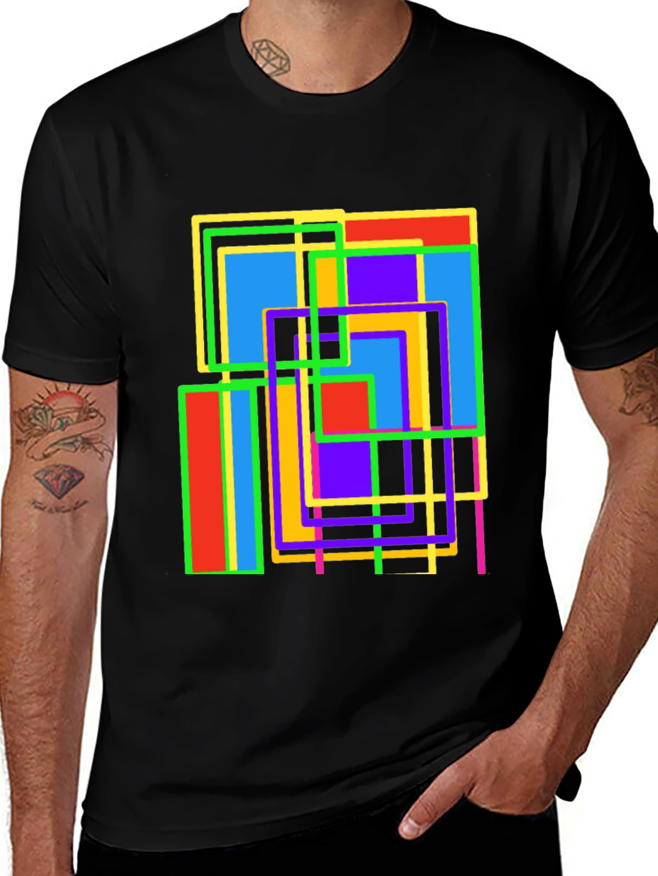 Variant 29 of Abstract Geometric Squares Graphic Print Black T-Shirt