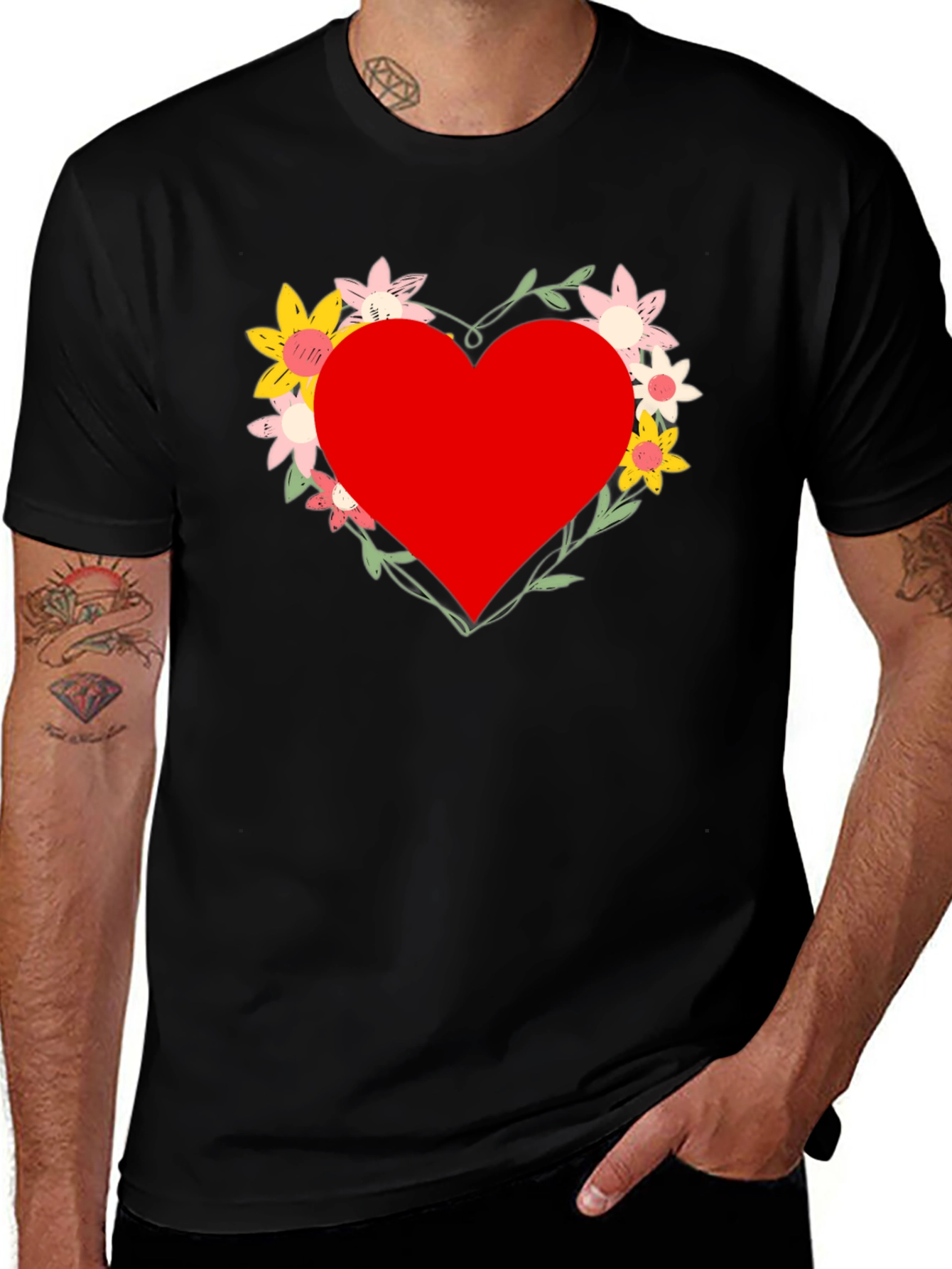 Variant 23 of Floral Heart Graphic Black T-Shirt
