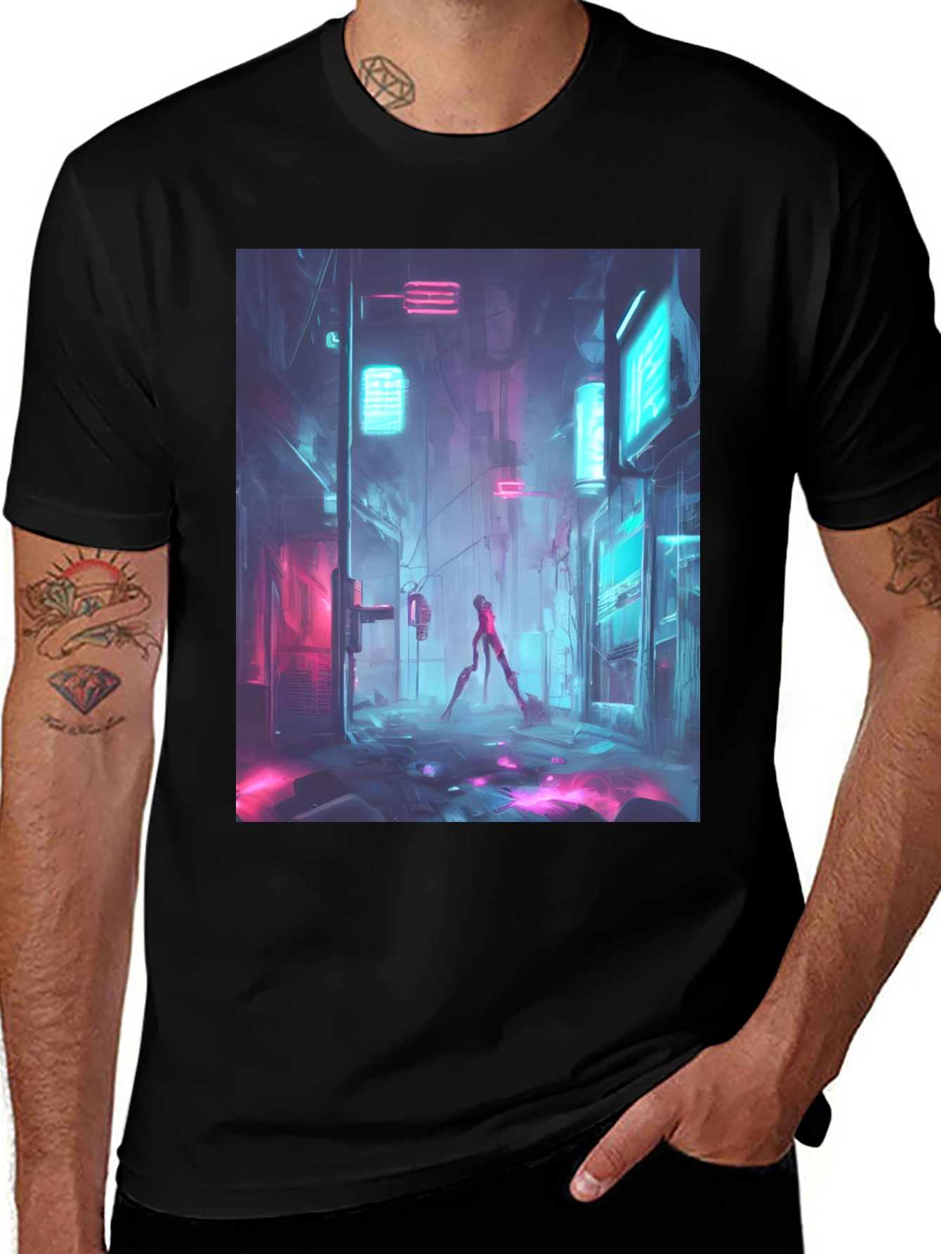 Cyberpunk Cityscape Graphic Tee - Men's Black T-Shirt