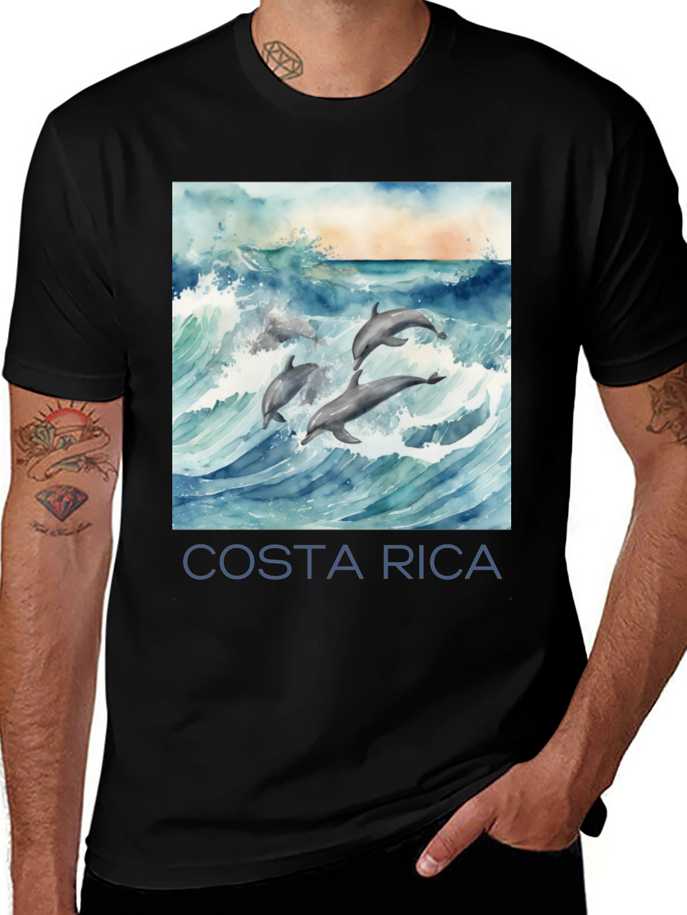 Variant 15 of Costa Rica Dolphin Tee - Black Graphic T-Shirt
