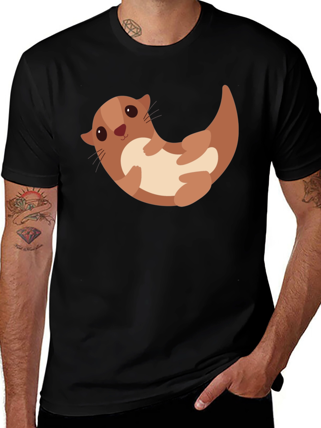 Variant 7 of Cute Otter Cartoon Graphic Black T-Shirt