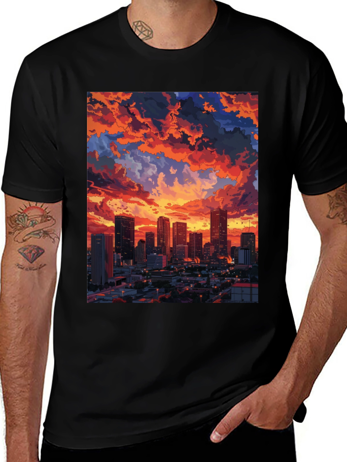 Variant 28 of Sunset Cityscape Graphic Tee - Black Cotton