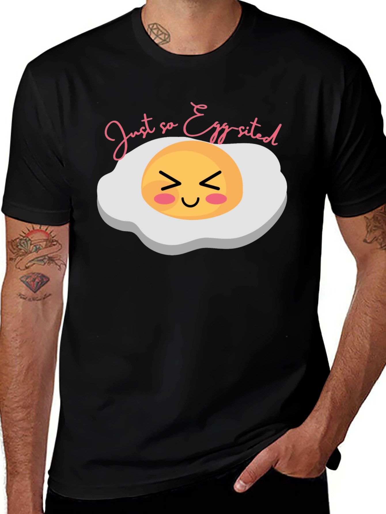 Variant 29 of Just so Egg-cited Funny Egg Graphic Black T-Shirt