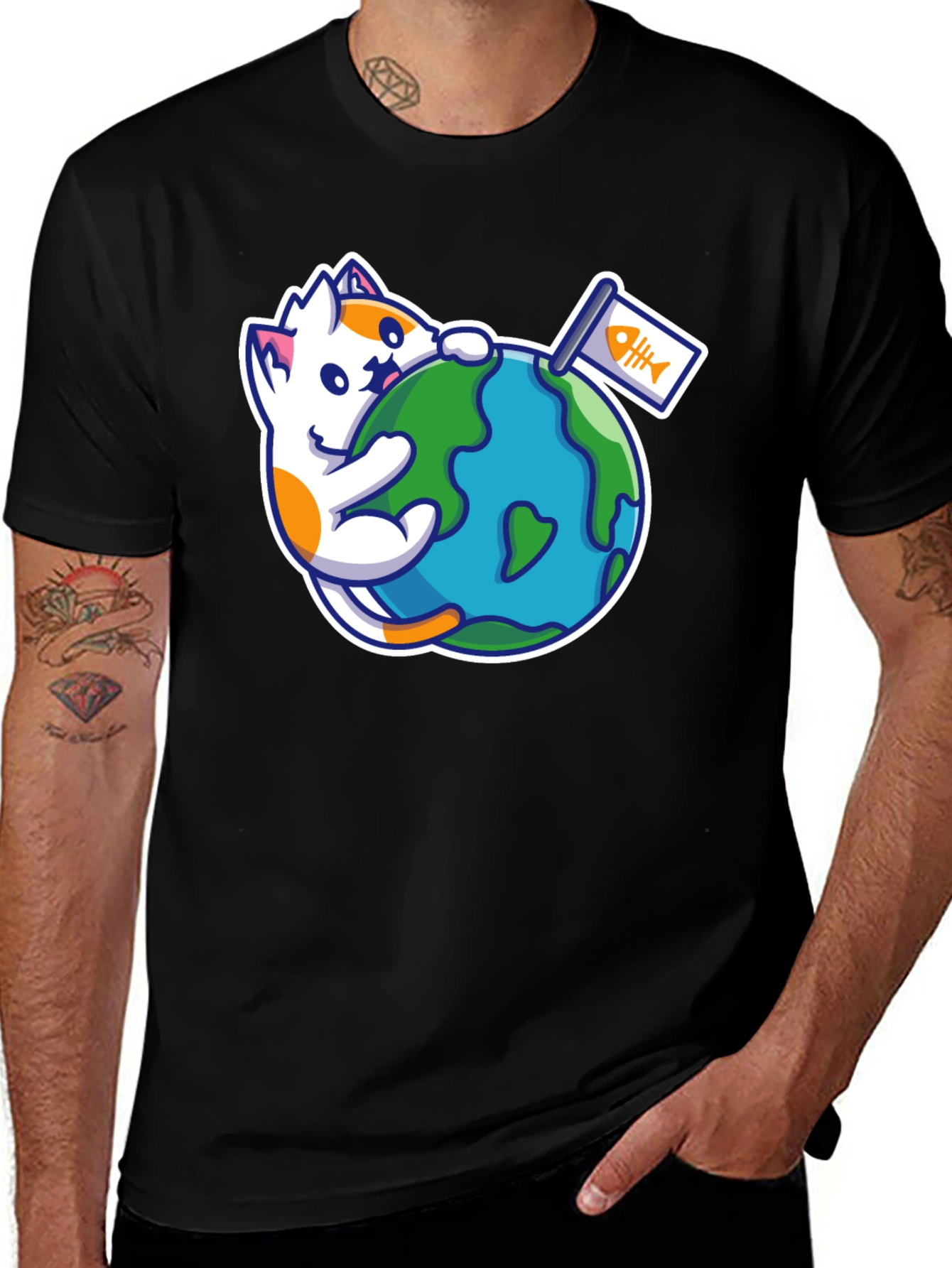 Variant 16 of Cute Cat Hugging Earth T-Shirt - Global Purr-tection