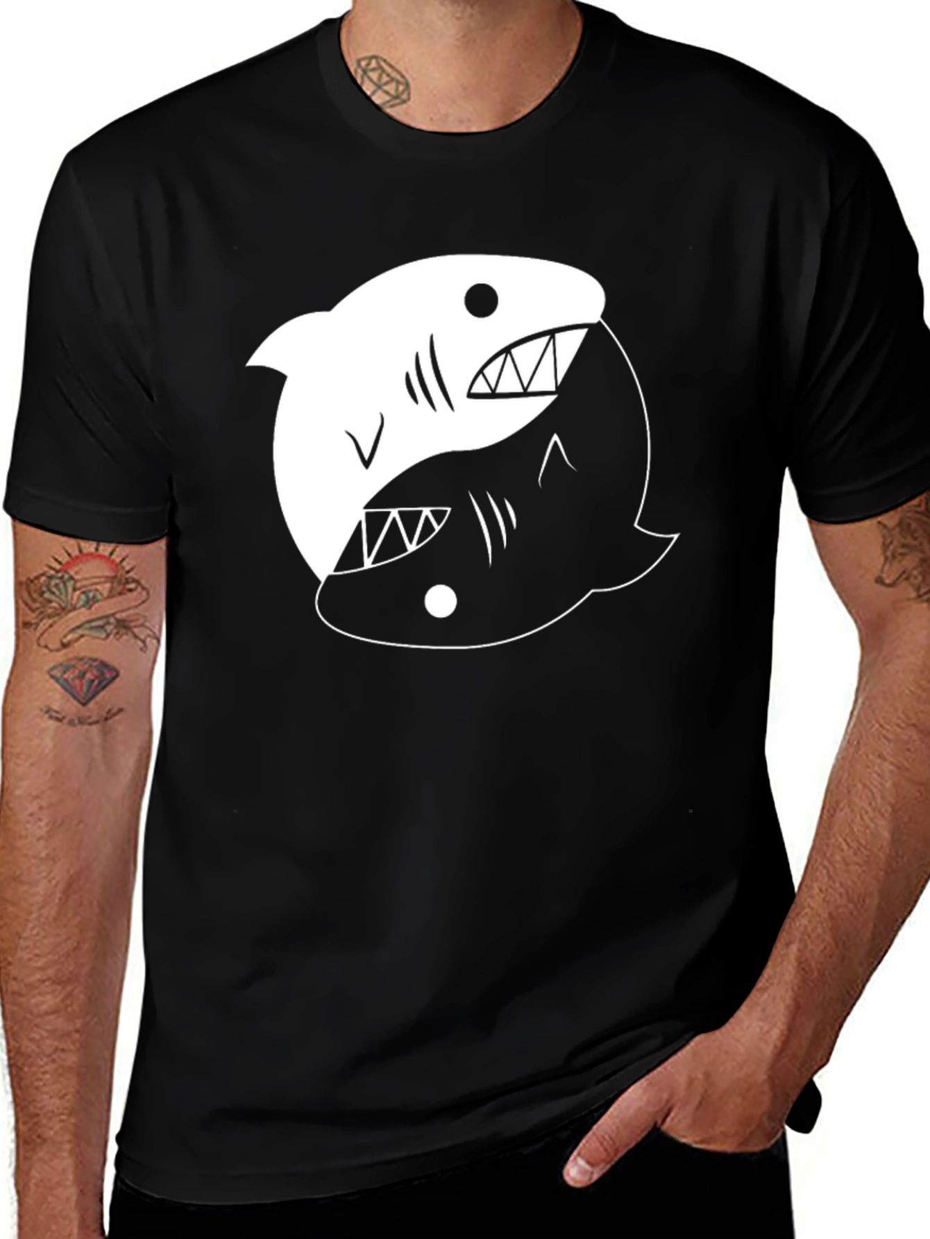 Variant 9 of Yin Yang Shark Graphic Tee - Black Cotton T-Shirt