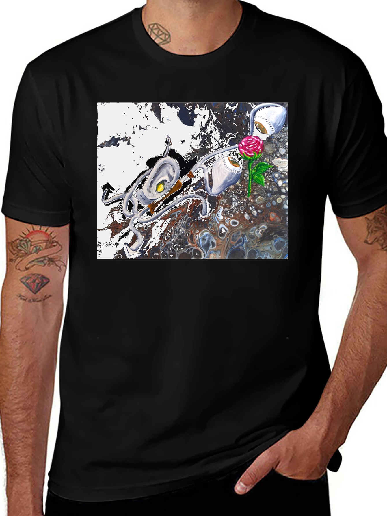Variant 16 of Abstract Eye and Rose Graphic Tee - Black