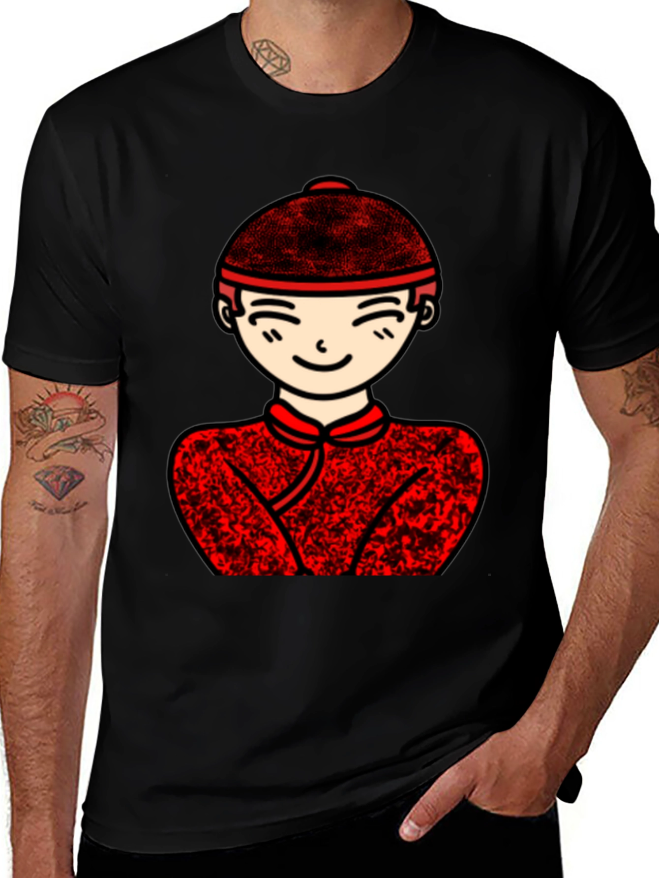Variant 12 of Cartoon Chinese Boy Black T-Shirt