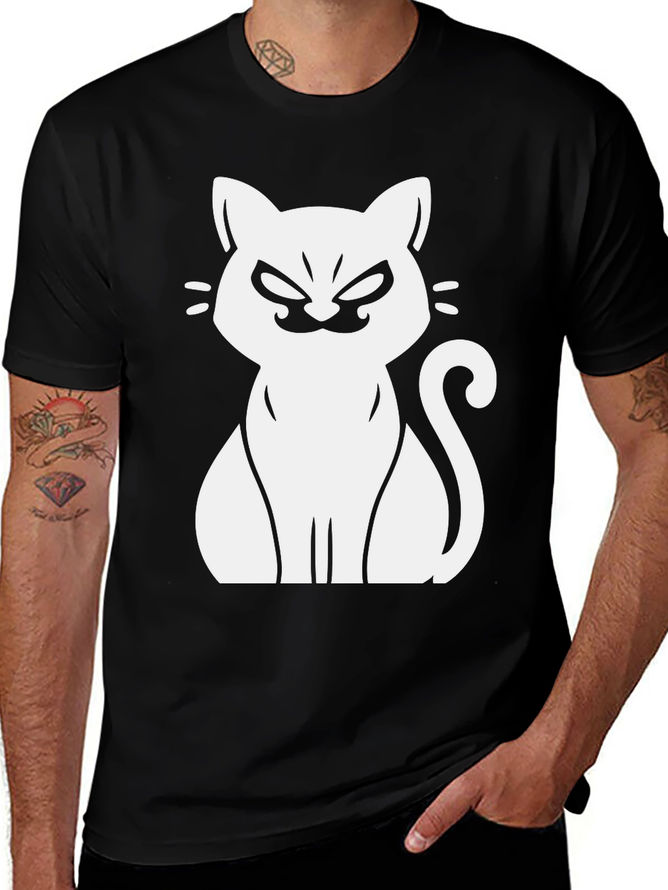 Variant 15 of Men's Black T-Shirt with White Cat Graphic