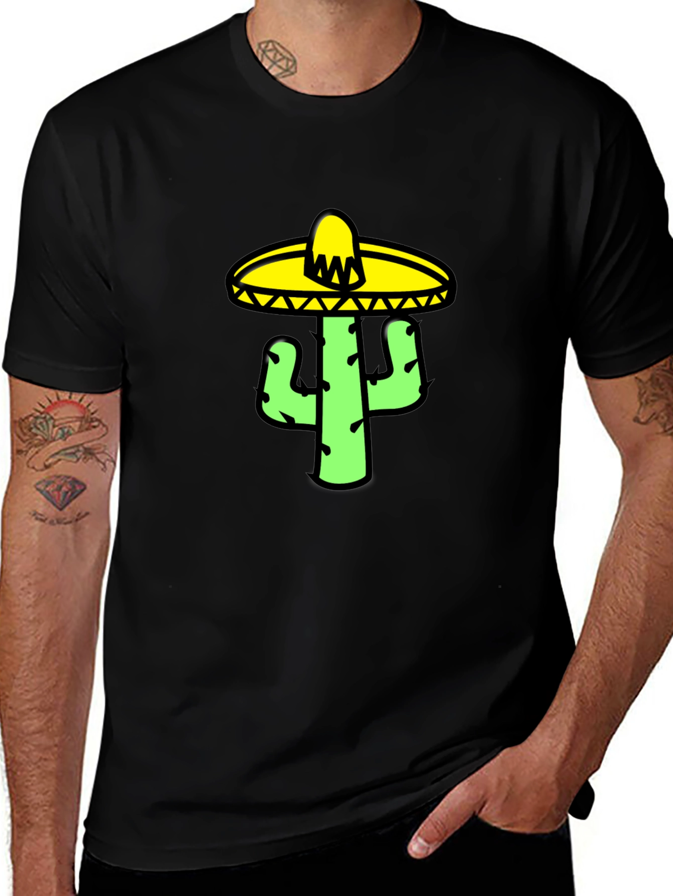 Variant 6 of Cactus Sombrero Graphic Tee - Black Cotton T-Shirt