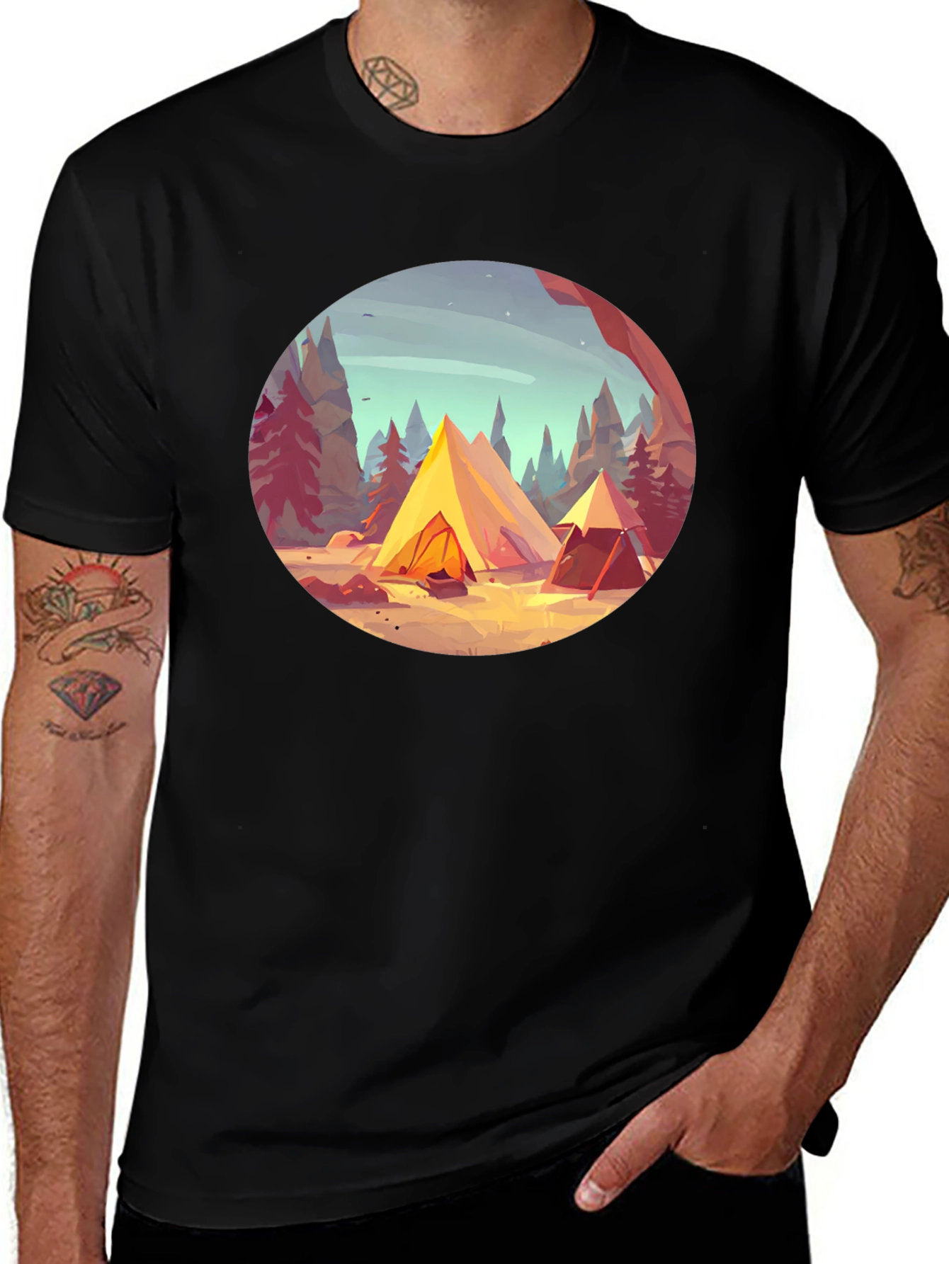 Variant 7 of Camping Scene Graphic Tee - Black Unisex T-Shirt