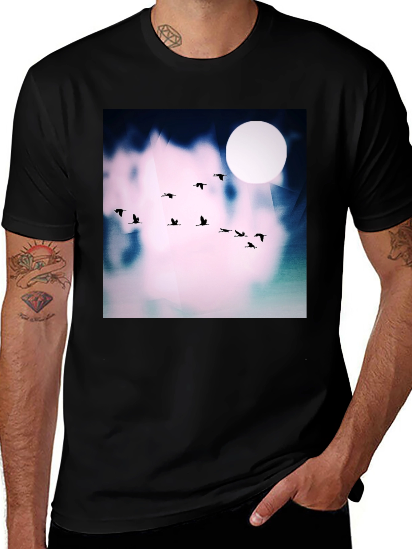 Variant 21 of Birds Flying T-Shirt - Black Cotton Blend