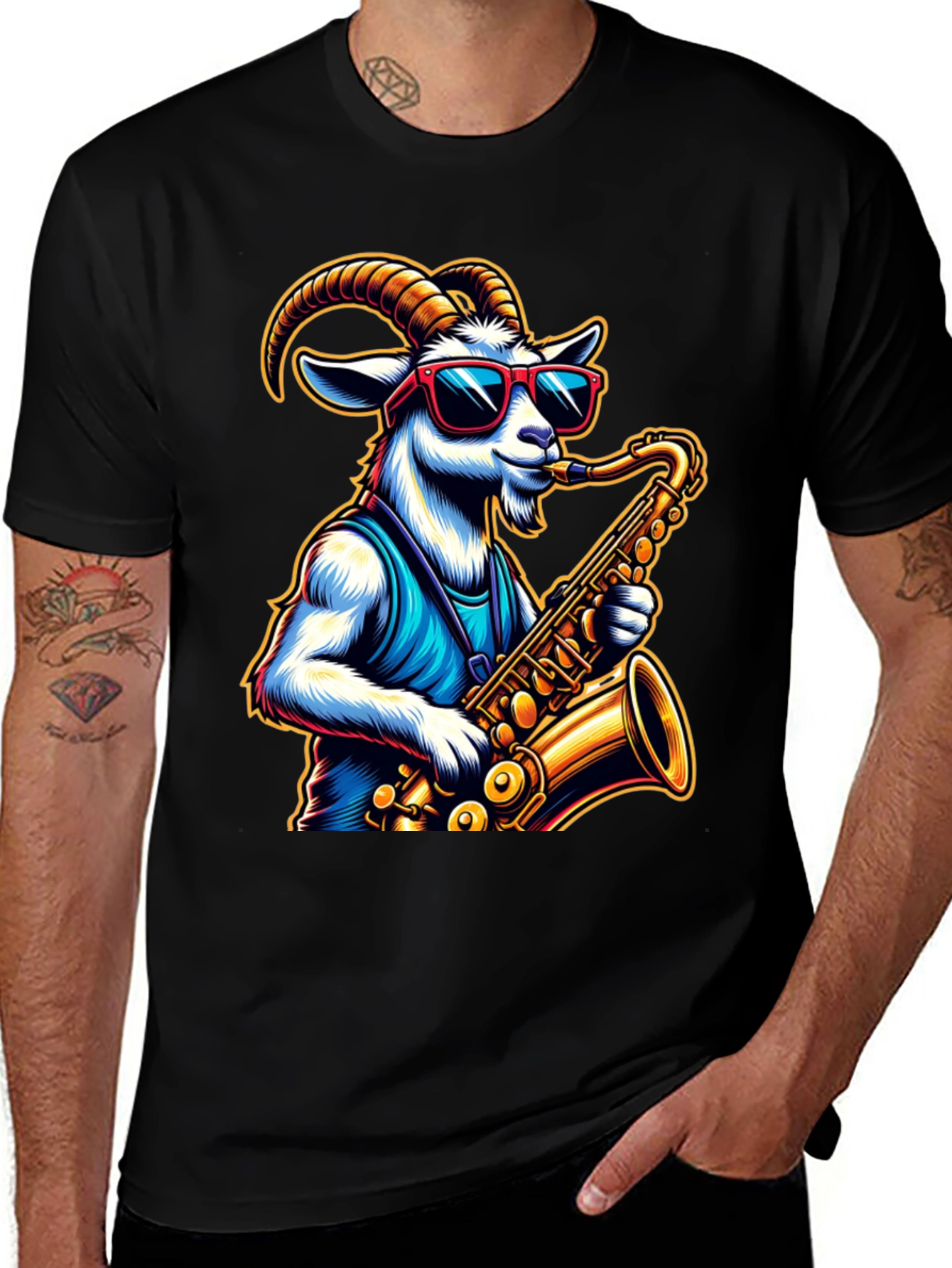 Black Cool Goat Saxophone Player Graphic Tee main image
