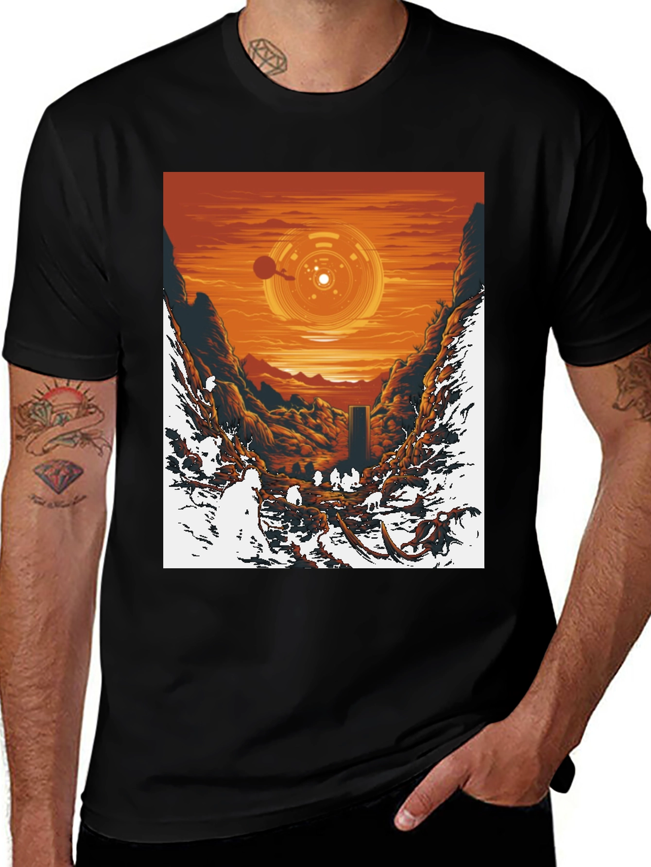 Variant 17 of Sci-Fi Landscape Graphic Tee - Black Cotton T-Shirt